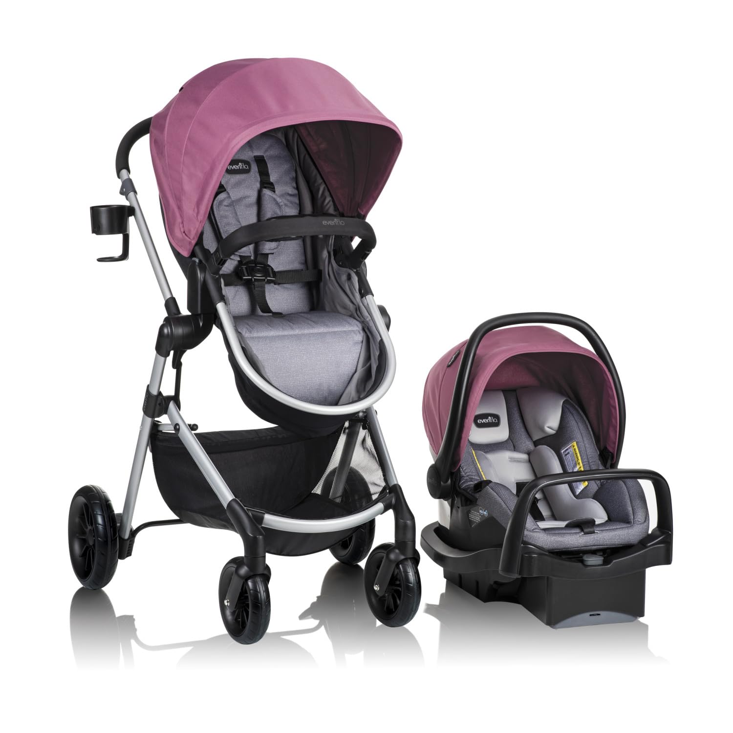 Casual gray Evenflo Pivot Modular Travel System with LiteMax Preemie and Infant Car Seat, featuring a stroller and car seat combo.