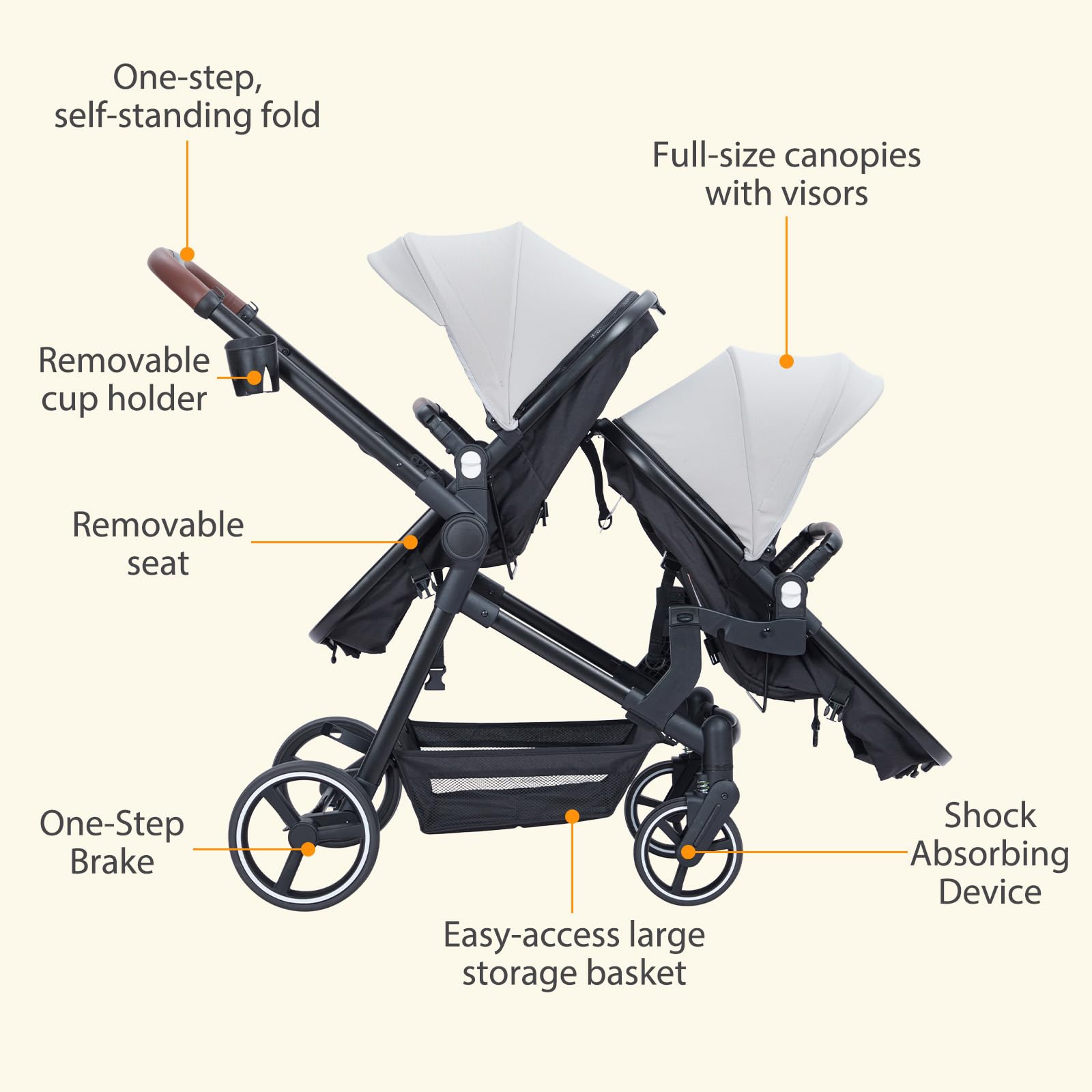 Black tandem stroller with reversible seats, adjustable canopy, one-hand fold, large storage basket, suitable for newborn and toddler twins.