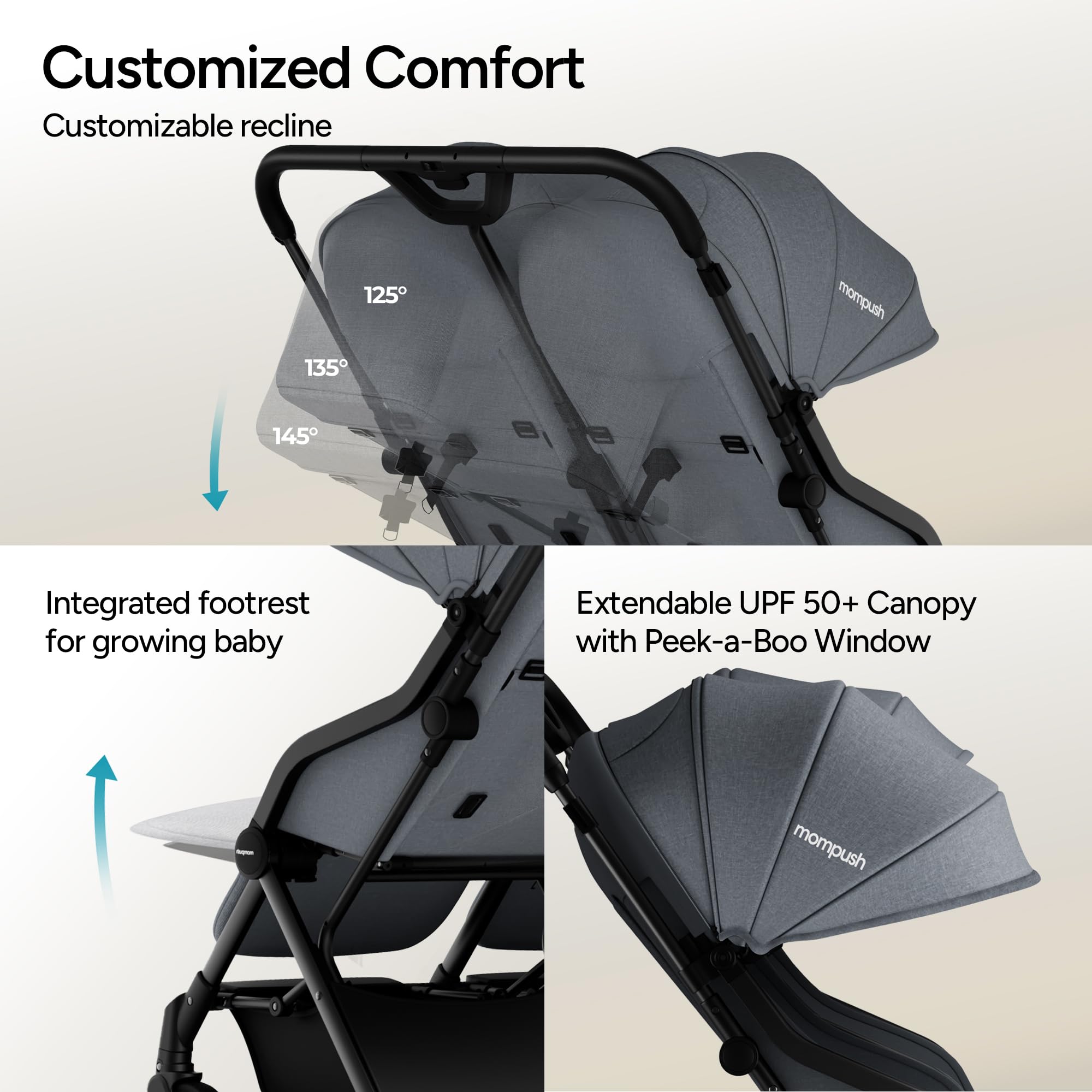 Mompush Lithe double stroller for newborn and toddler, lightweight side-by-side stroller with recline seats and UPF50+ canopy.