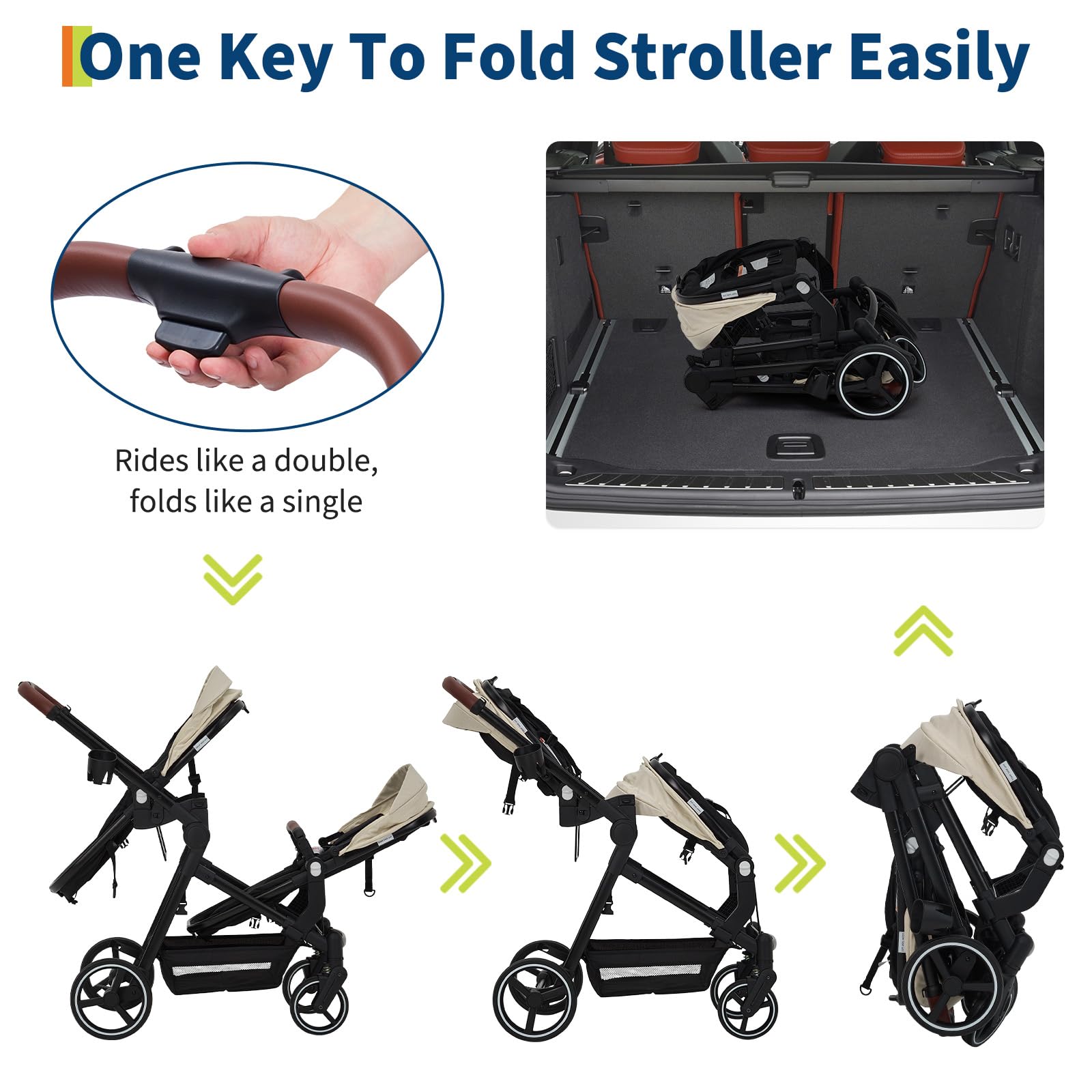 Double tandem stroller for newborn and toddler by My Store, foldable twin pushchair with reversible seats, safety harness, and canopy.