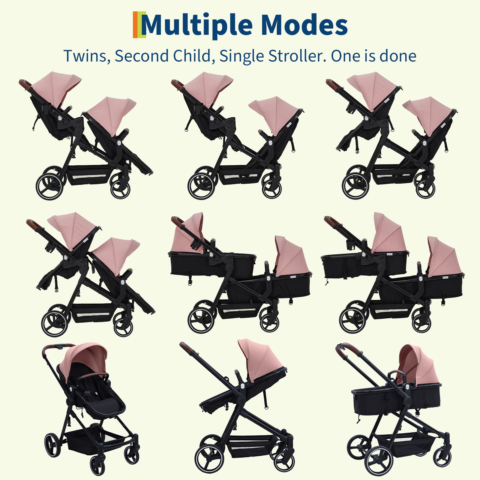 Double tandem stroller for newborn and toddler, foldable twin pushchair with reversible seats, safety harness, adjustable backrest, and canopy