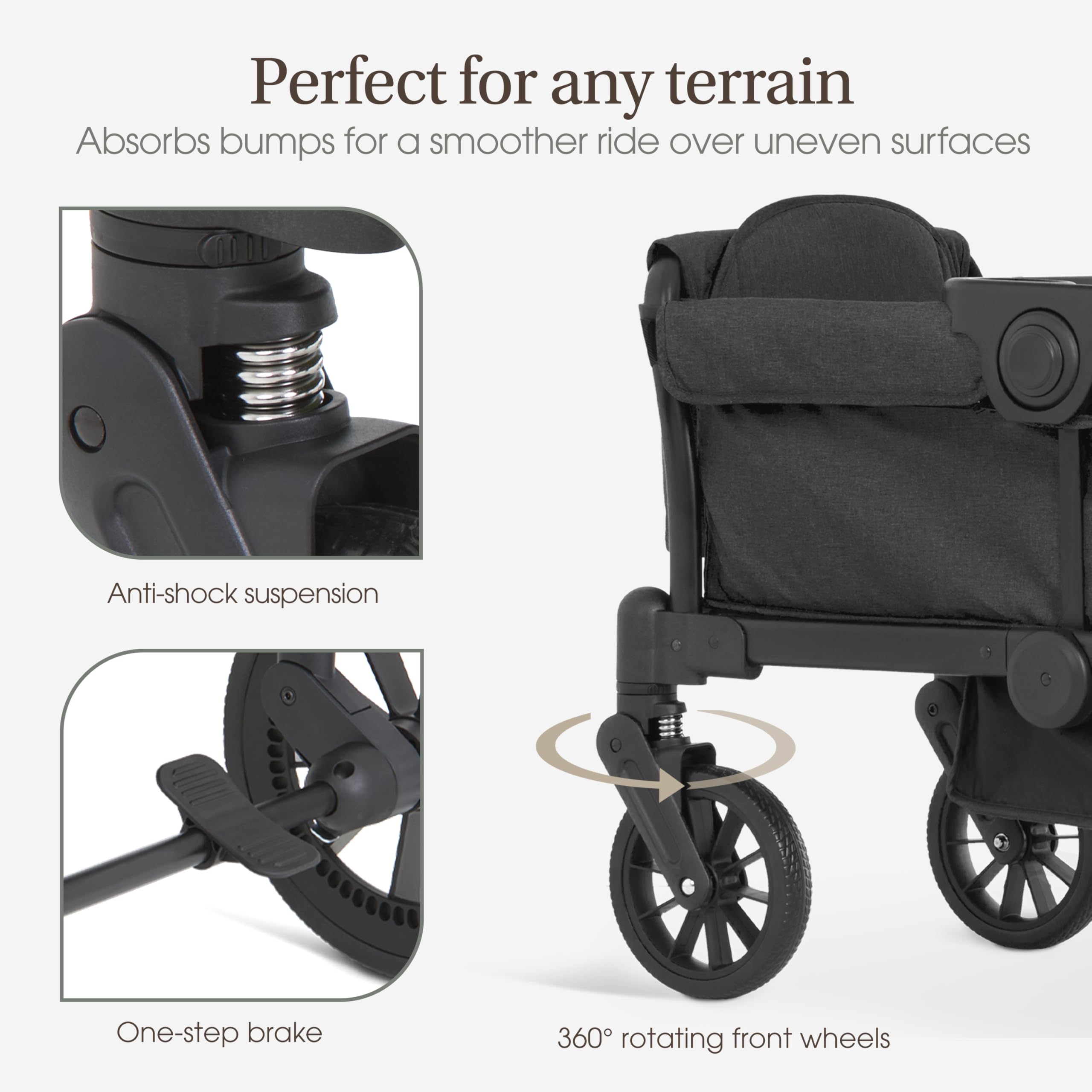 Evolur Trailblazer black double stroller wagon with removable canopy, all-terrain wheels, 5-point harness, and spacious storage for two kids.