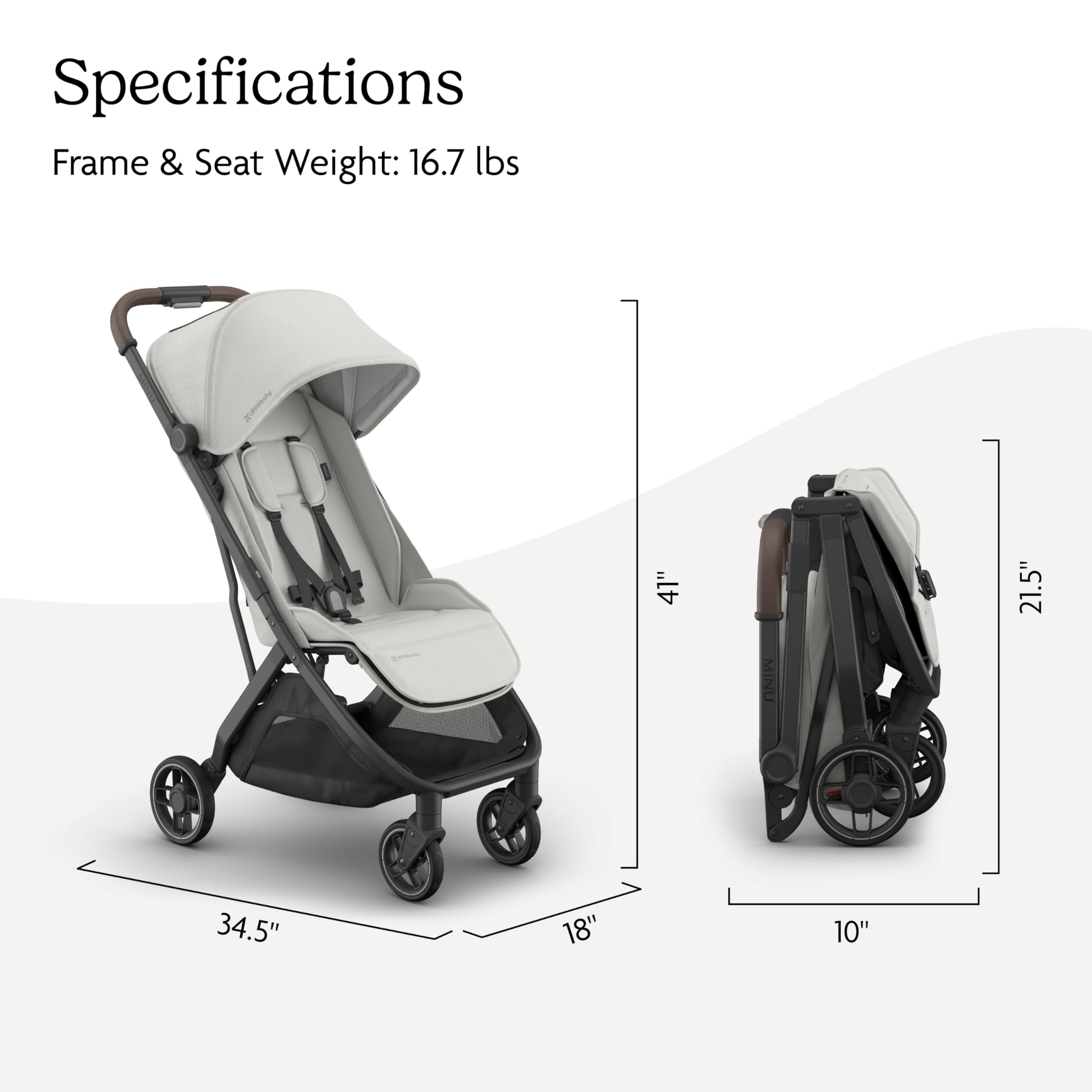 UPPAbaby Minu V3 lightweight travel stroller in Greyson, charcoal mélange with carbon frame and saddle leather, one-hand fold and unfold