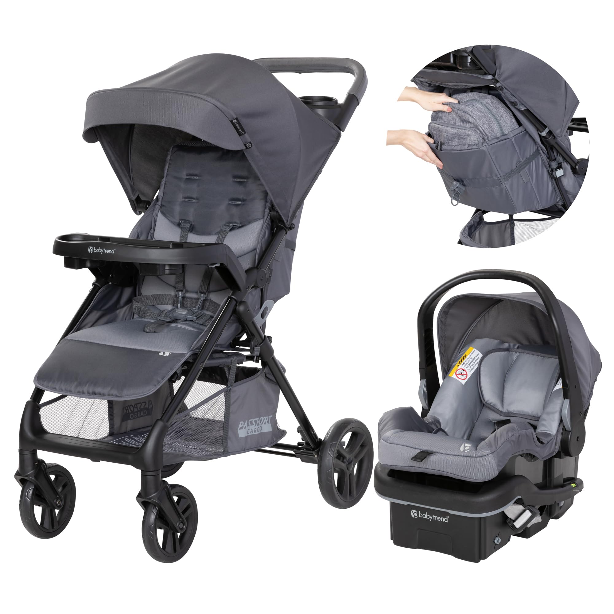 Baby Trend Passport Cargo Stroller with EZ-Lift Plus infant car seat in pink bamboo, featuring adjustable handle and storage basket.