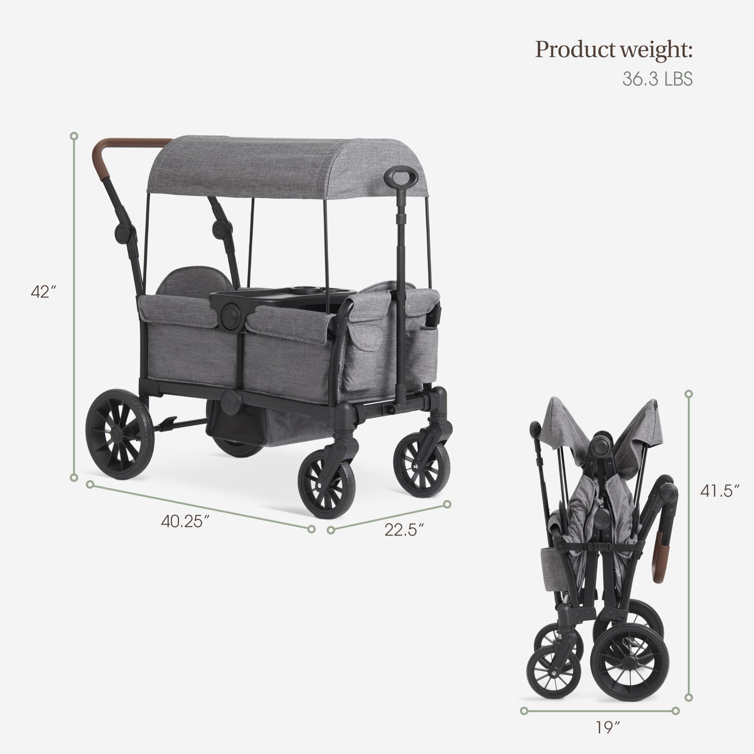 Evolur Trailblazer Double Wagon Stroller in black with all-terrain wheels, foldable canopy, 5-point harness, and spacious storage for two kids.