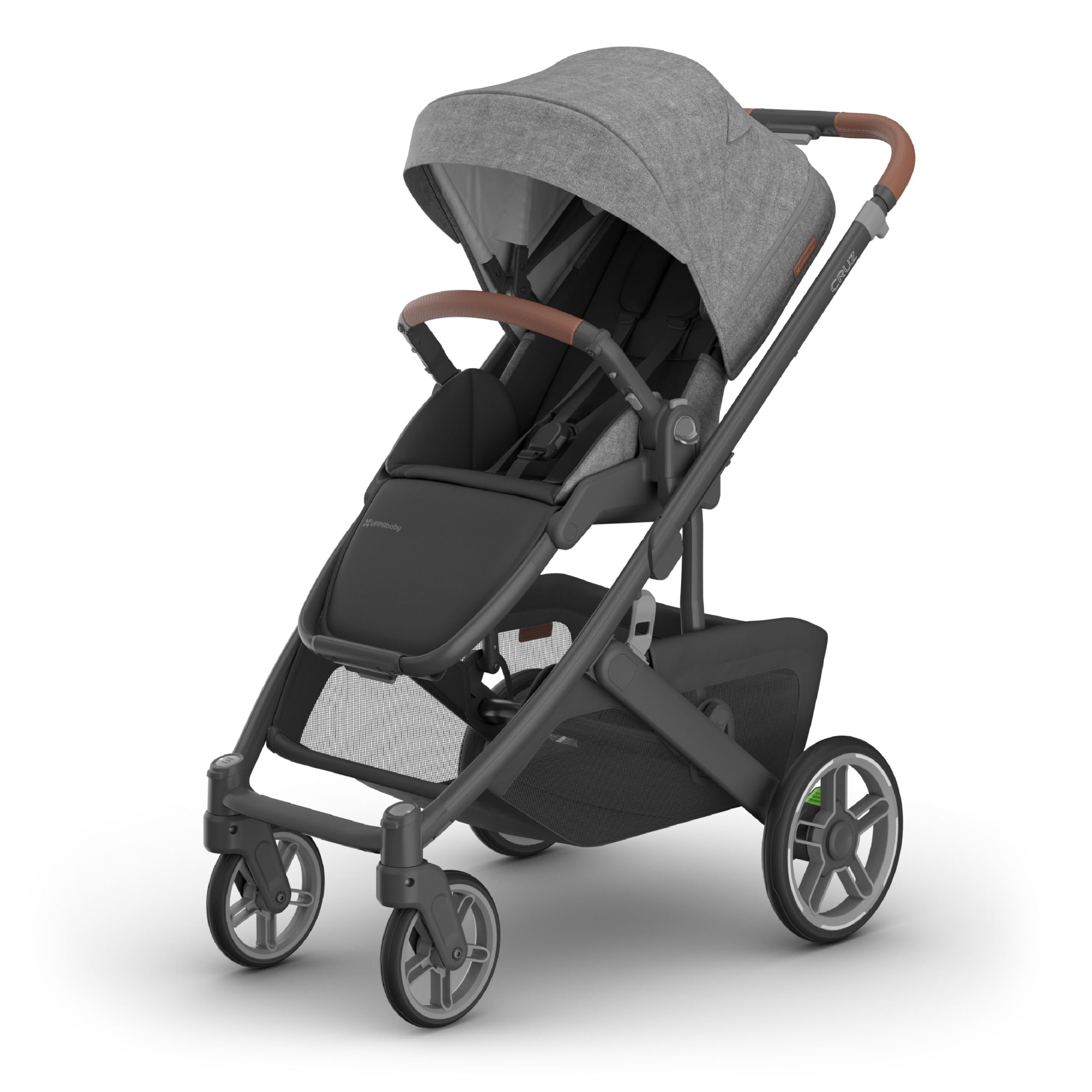 UPPAbaby Cruz V3 stroller in Greyson with reversible seat, infant insert, bug and rain shields, charcoal Mélange fabric, carbon frame