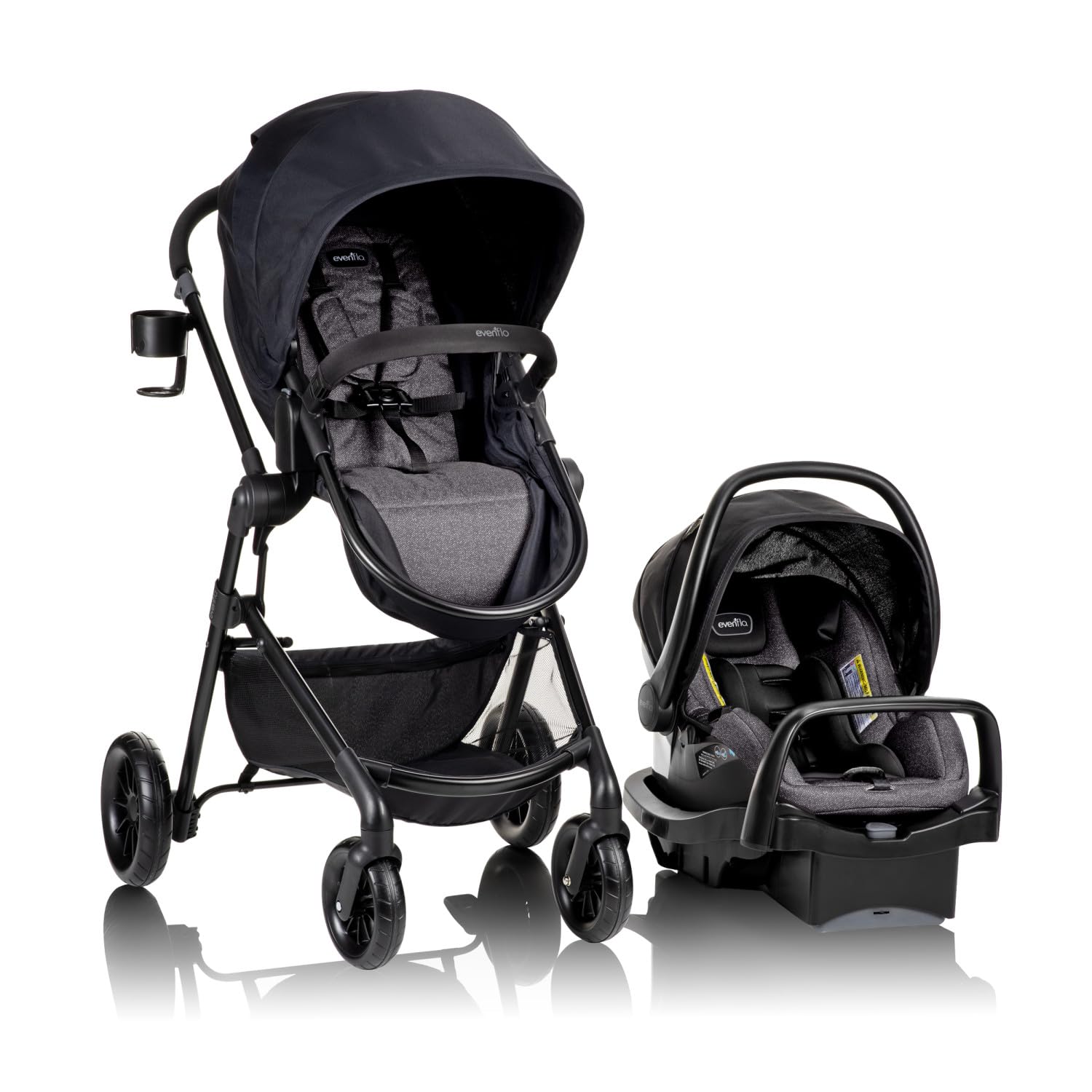 Evenflo Pivot Modular Travel System with LiteMax Preemie and Infant Car Seat in casual gray, showing the stroller and car seat together.