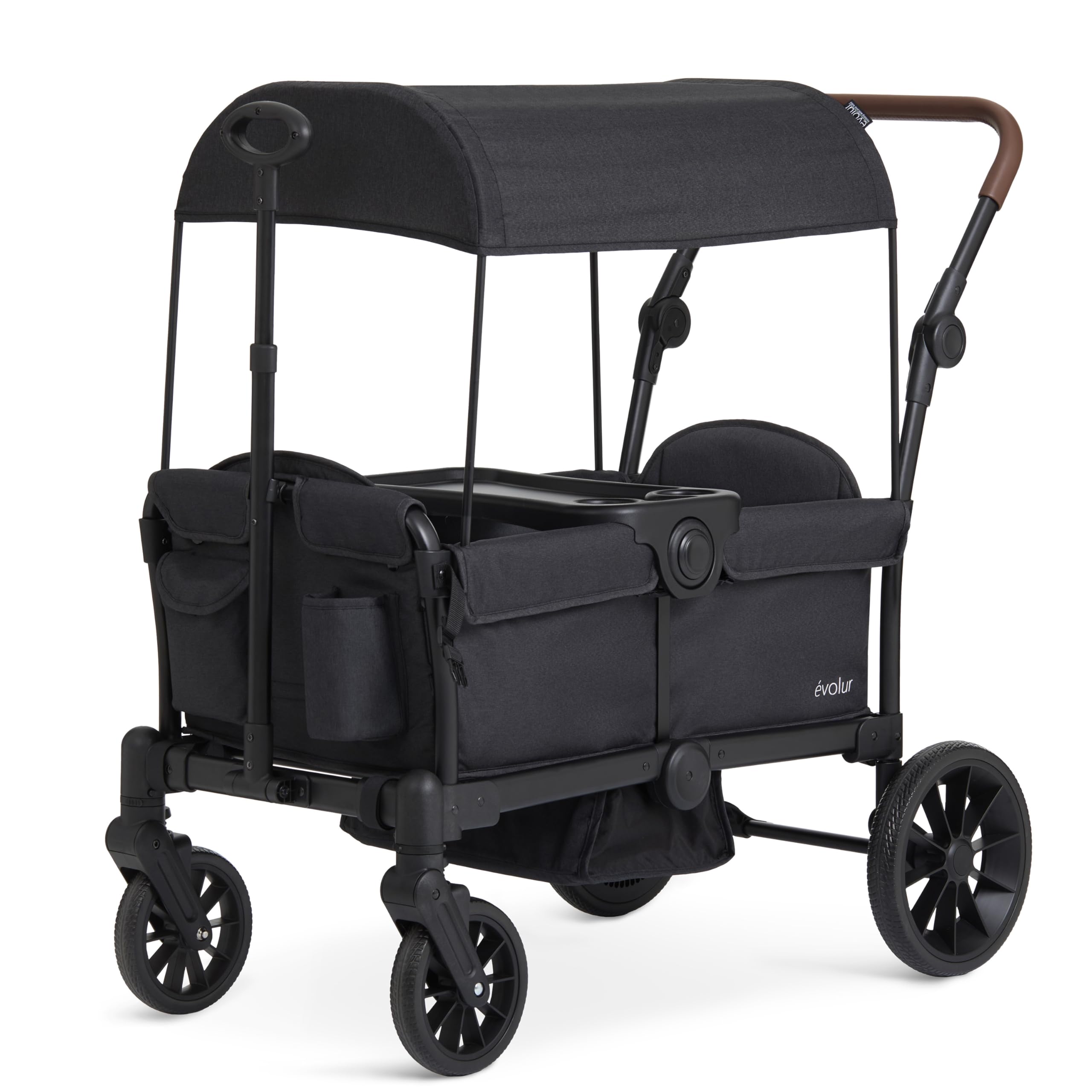Evolur Trailblazer double stroller in black with all-terrain wheels, 5-point harness, removable canopy, and spacious storage for two kids.
