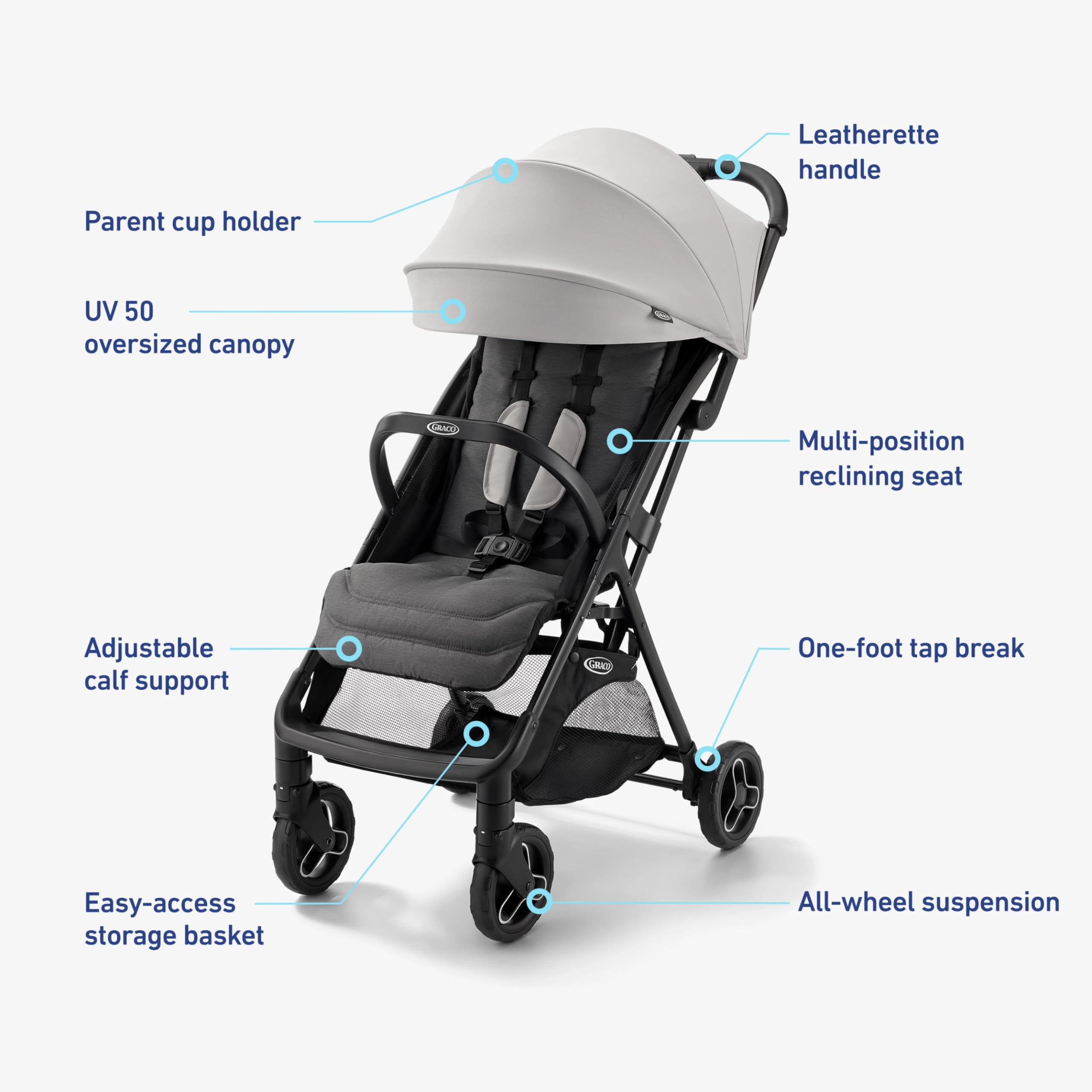 Graco Ready2Jet compact travel stroller with overhead-friendly design and automatic fold, shown in Kingston color.