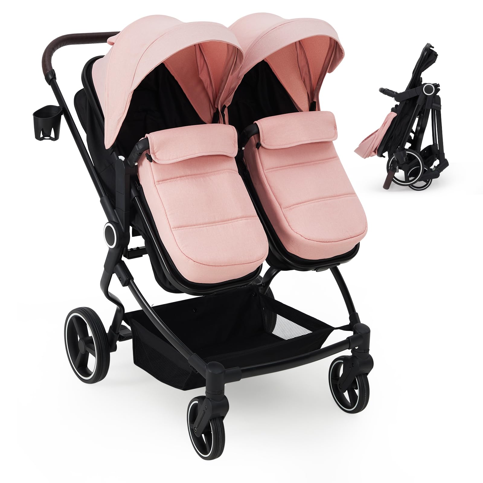 Pink My Store double stroller for newborn and toddler with adjustable recline, canopy, lightweight fold, and parent cup holders, suitable for twins.