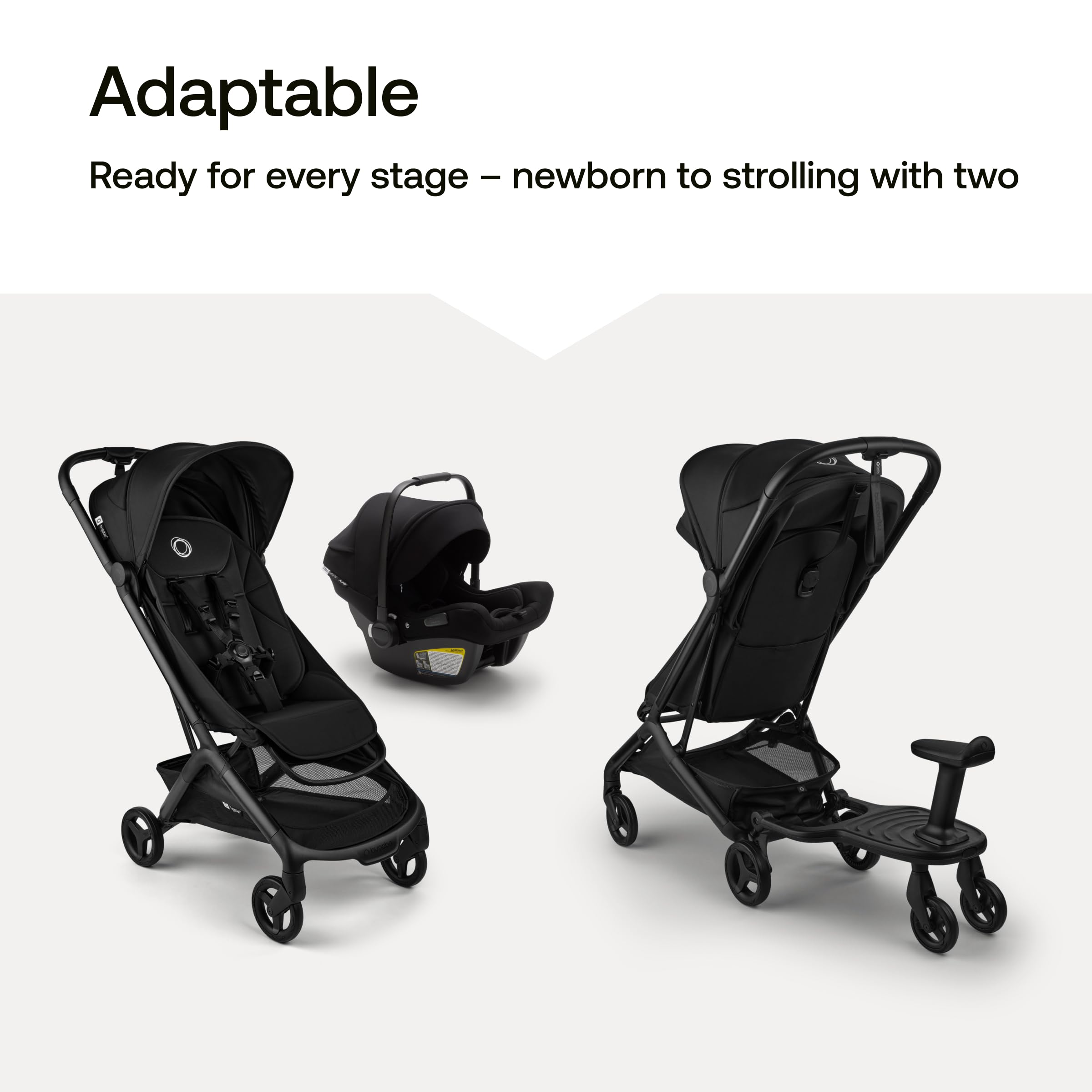 Black Bugaboo Butterfly 2 travel stroller folded, showing its ultra-compact, lightweight design and airplane-friendly features.