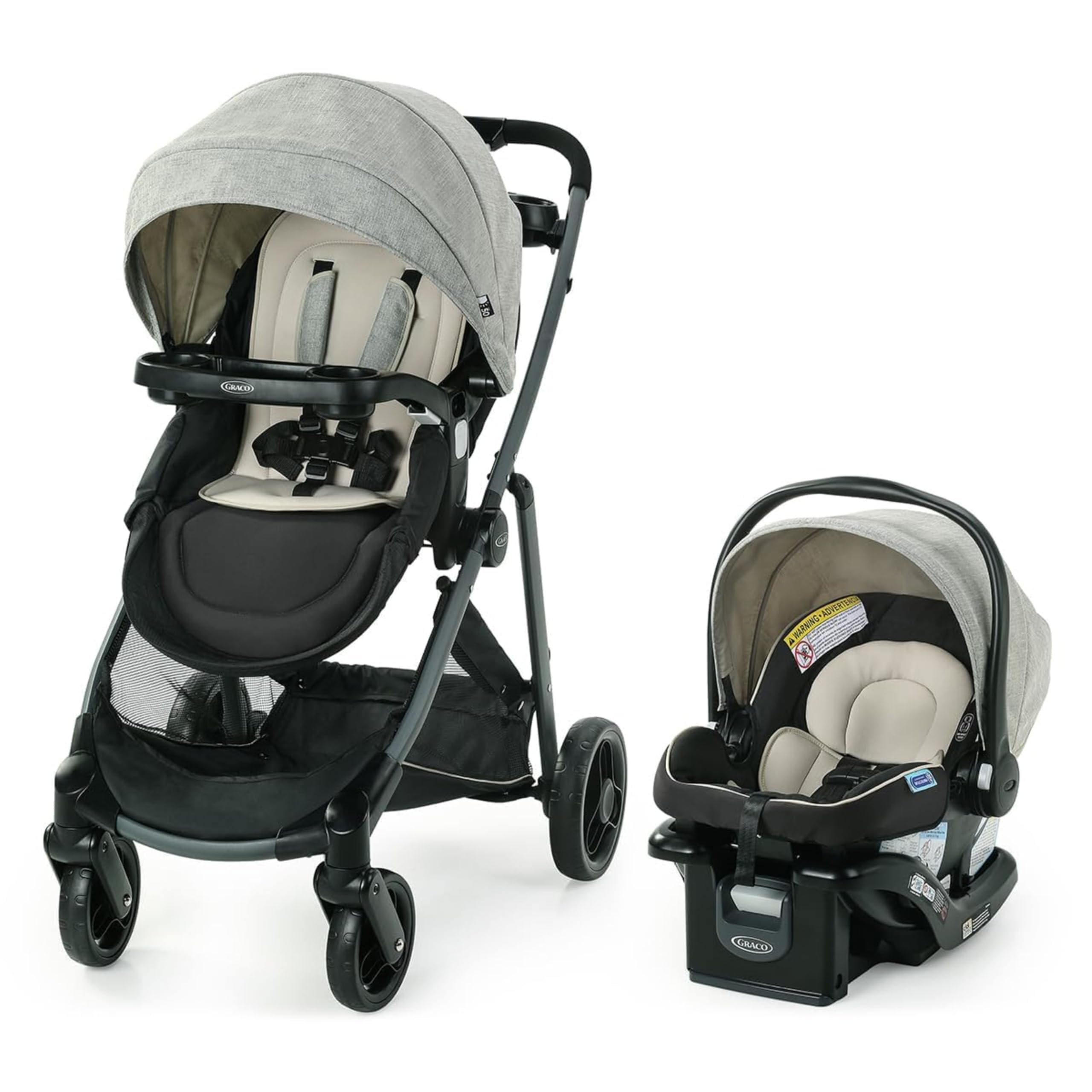 Gray Graco Modes Element Travel System with stroller, car seat, and canter pattern, suitable for infants and toddlers.