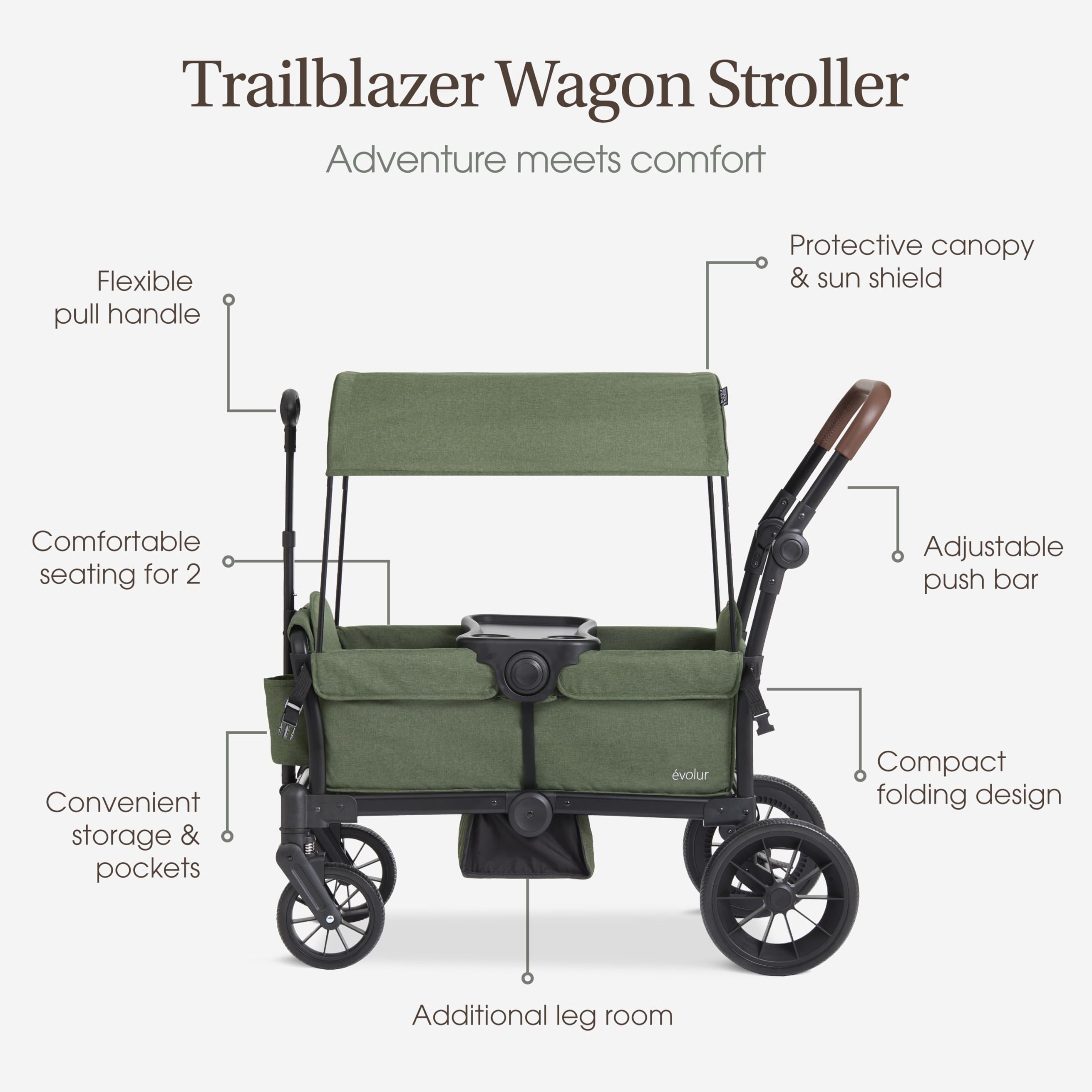 Evolur Trailblazer double wagon stroller in black with removable canopy, all-terrain wheels, 5-point harness, and spacious storage.