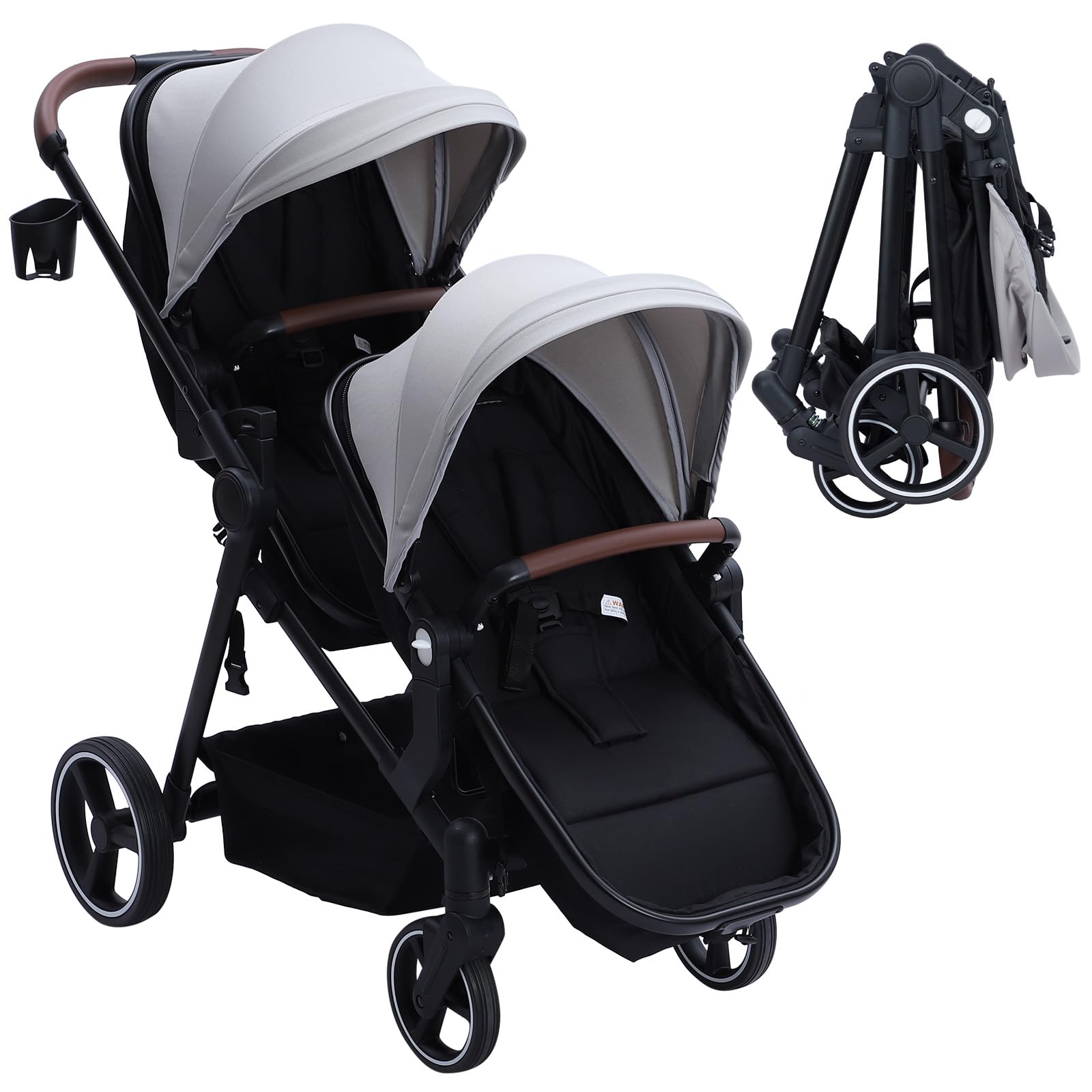 Black tandem stroller for twins with reversible seats, adjustable canopy, one-hand fold, and large storage basket.