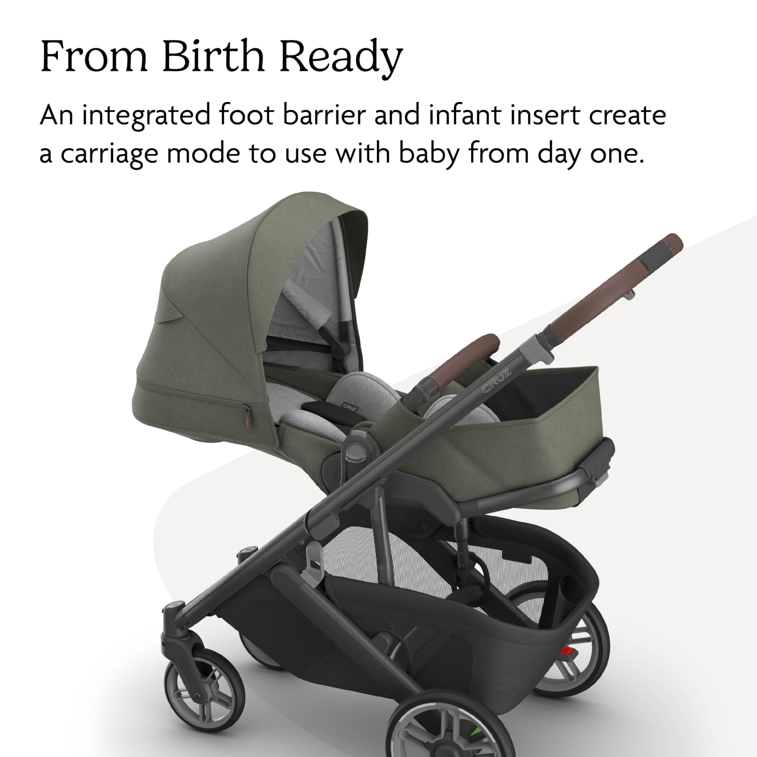 UPPAbaby Cruz V3 stroller in Greyson with full-size reversible seat, infant insert, car seat compatible, and bug and rain shields.
