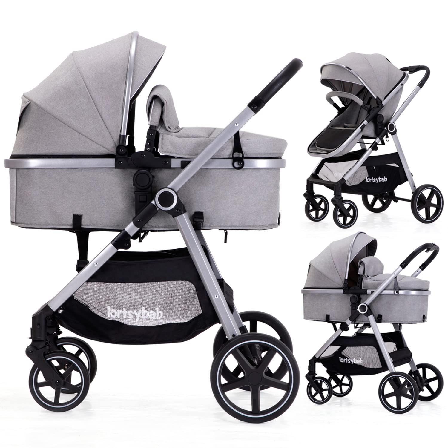Lortsybab 2-in-1 baby stroller with beige frame, reversible seat, folding design, suitable for infants and toddlers 0-36 months.