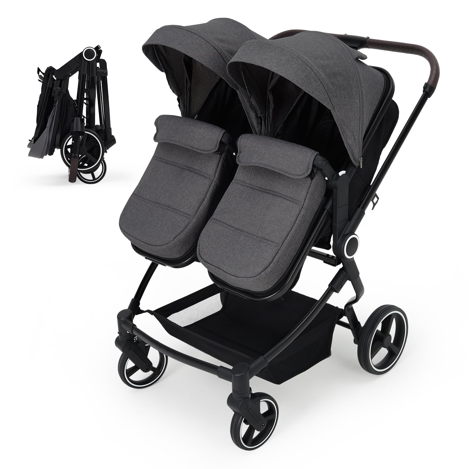 Lightweight twin stroller for infants and toddlers with reclining seats, adjustable canopy, 5-point harness, and high landscape design.