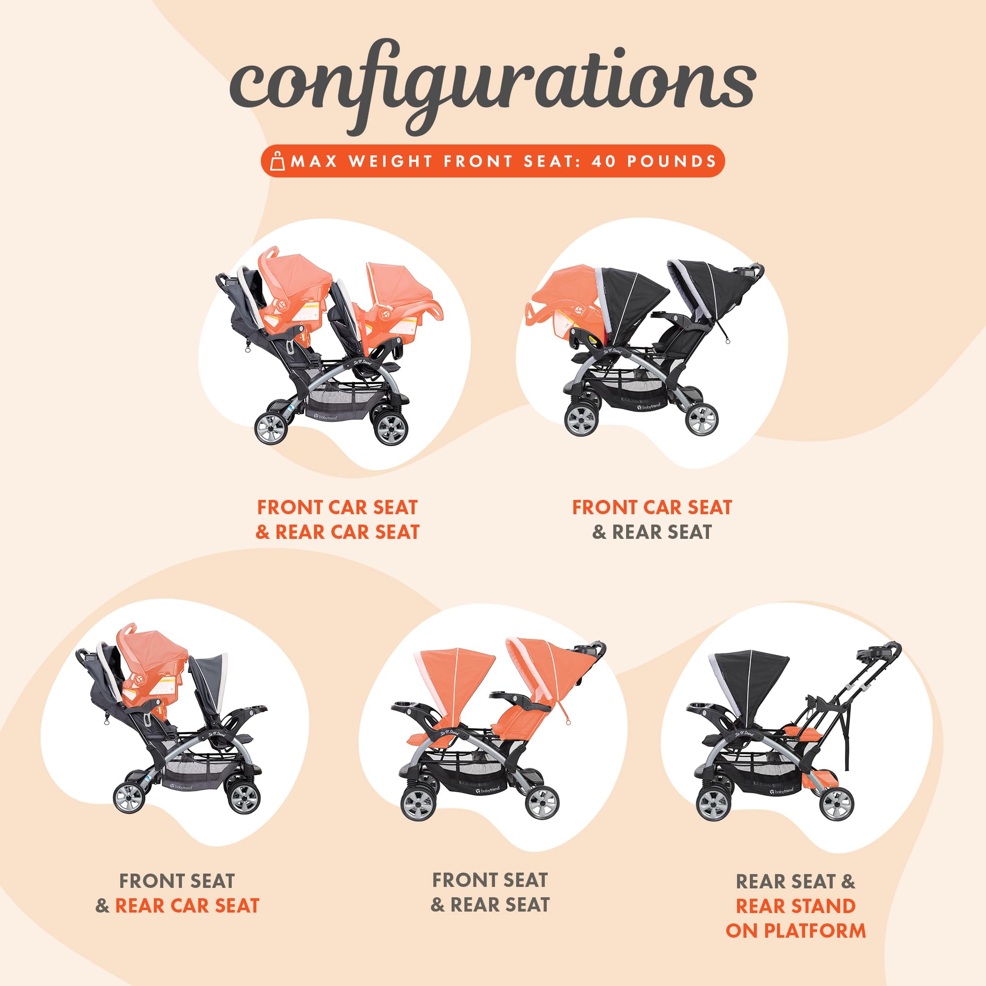 Baby Trend double stroller and car seat combo in Stormy, lightweight tandem travel system with portable design and toddler seating.