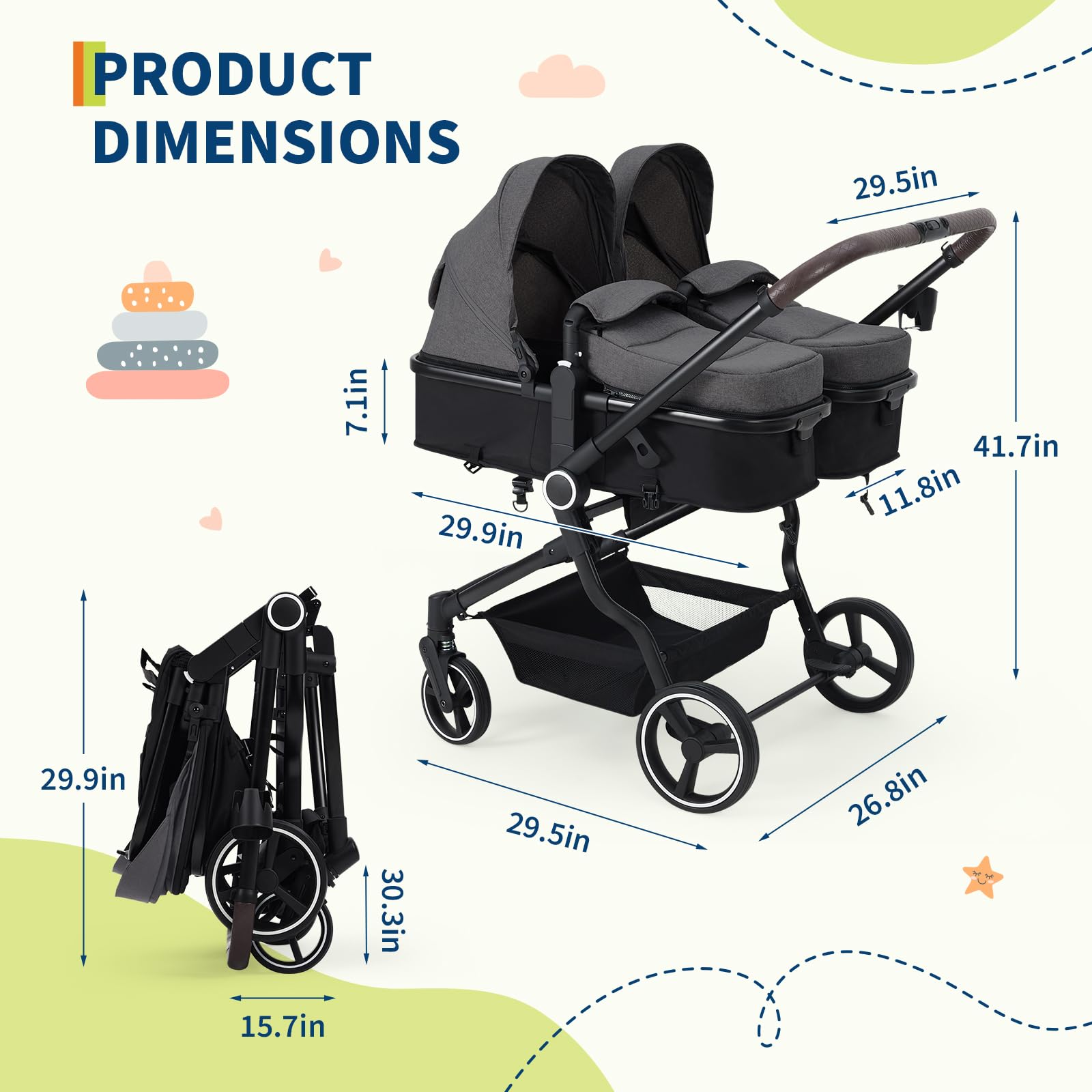 Pink tandem stroller for newborn and toddler with adjustable recline, canopy, parent cup holders, lightweight fold, ideal for twins and kids