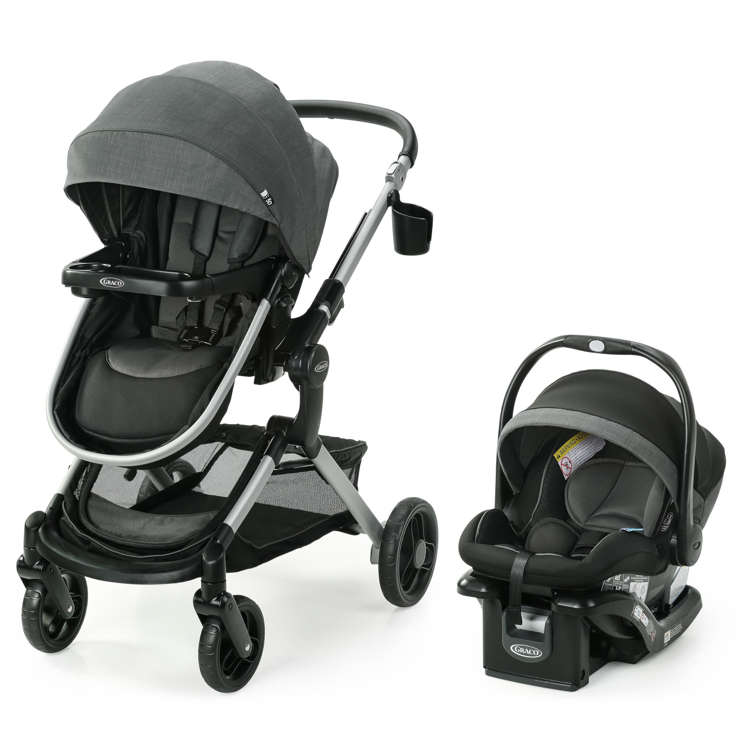Graco Modes Nest 3-in-1 travel system with infant car seat and stroller, featuring adjustable carrier and toddler stroller in Sullivan color