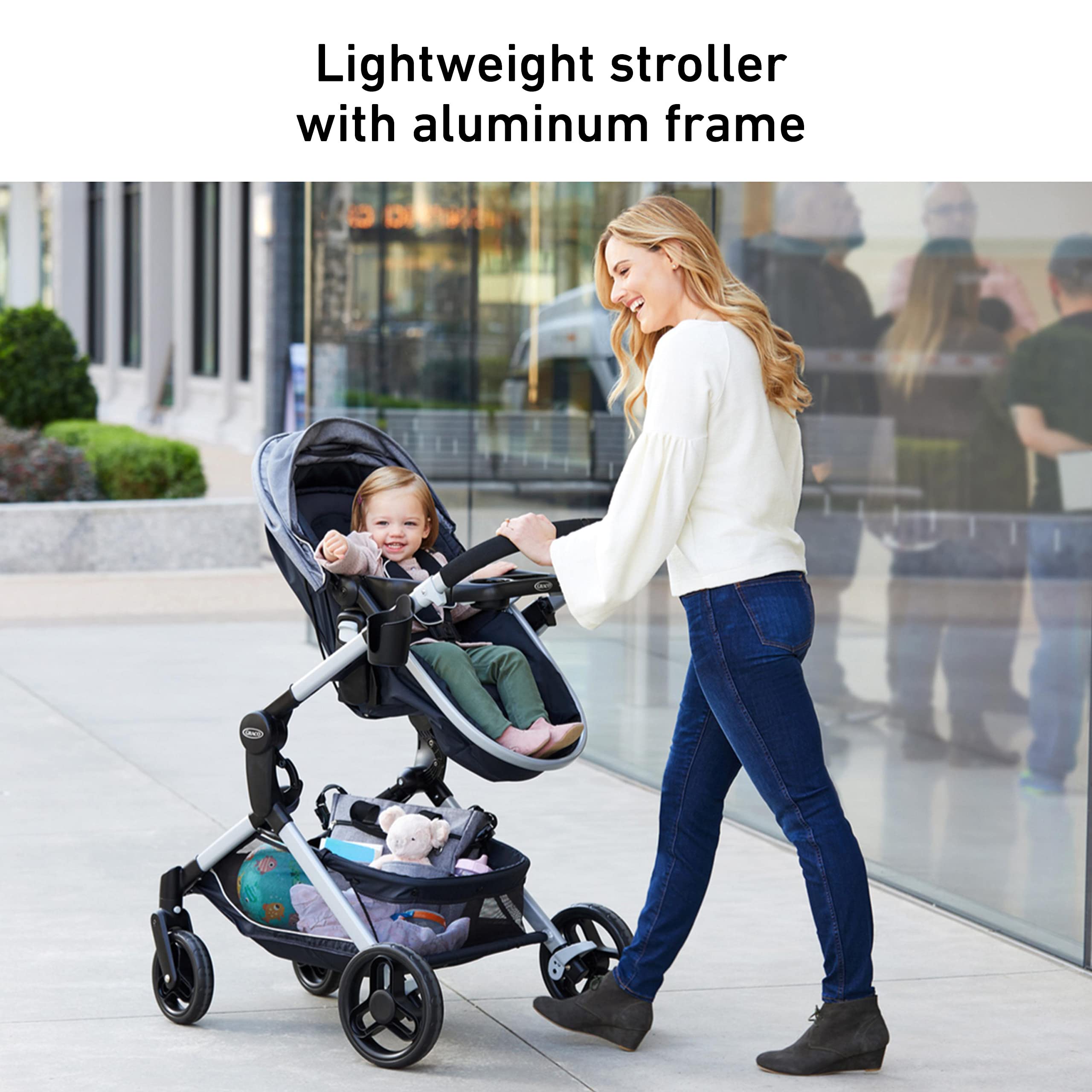 Graco Modes Nest travel system with SnugRide DLX infant car seat and stroller, featuring adjustable slide-in infant carrier and toddler stroller.
