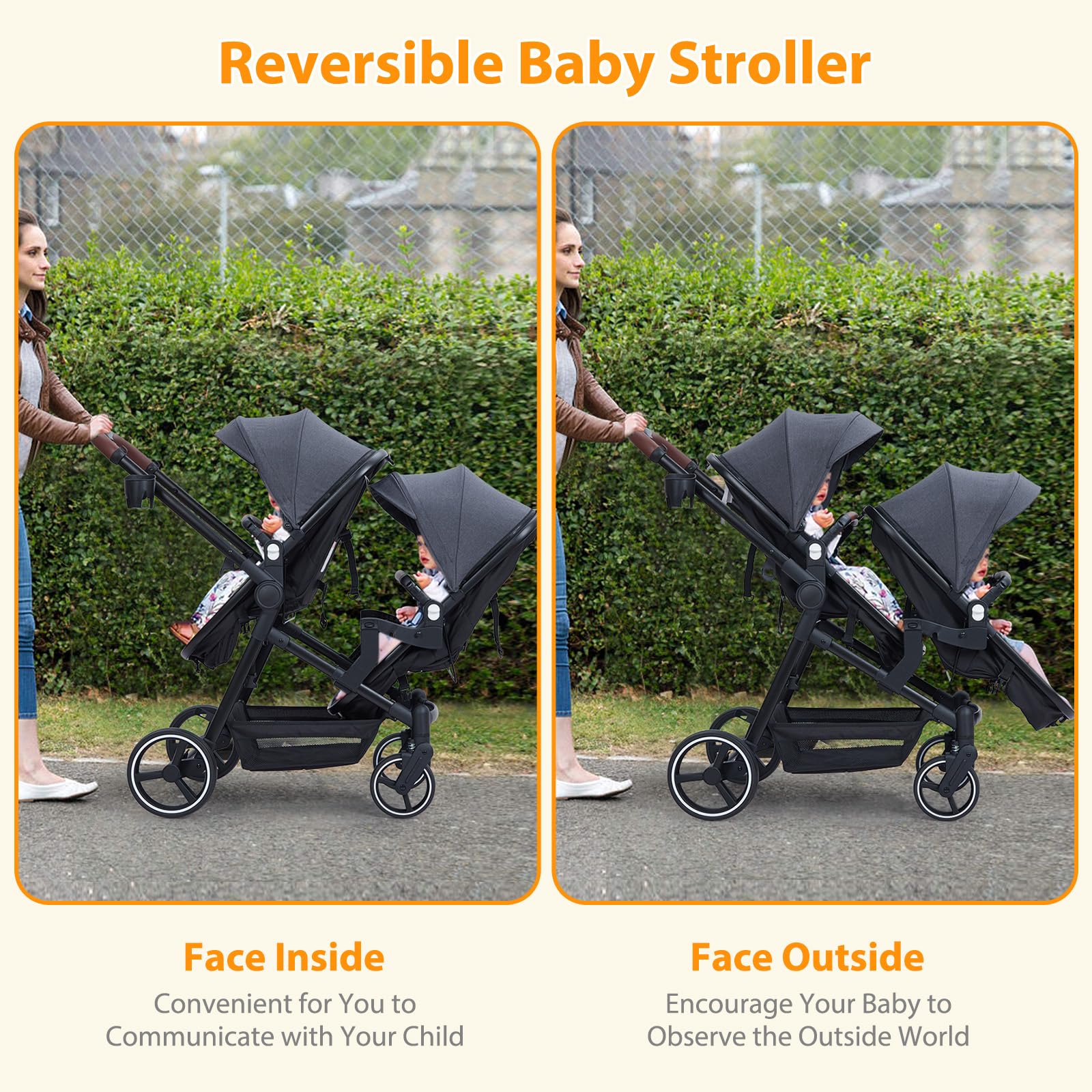 My Store double tandem stroller with foldable design, reversible seats, safety harness, adjustable backrests, canopy, and storage basket.