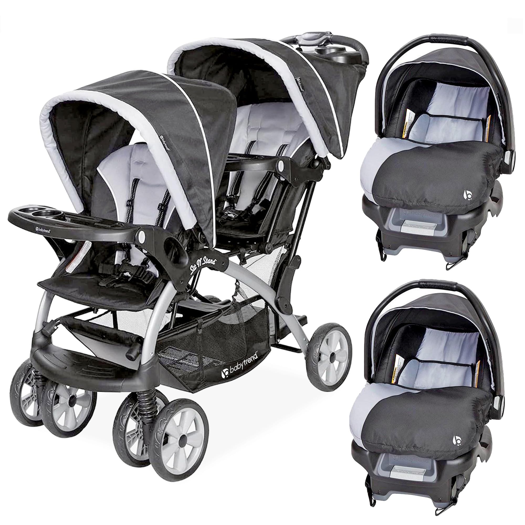 Baby Trend infant and toddler double stroller with car seat, lightweight and portable, Stormy color, tandem travel system.