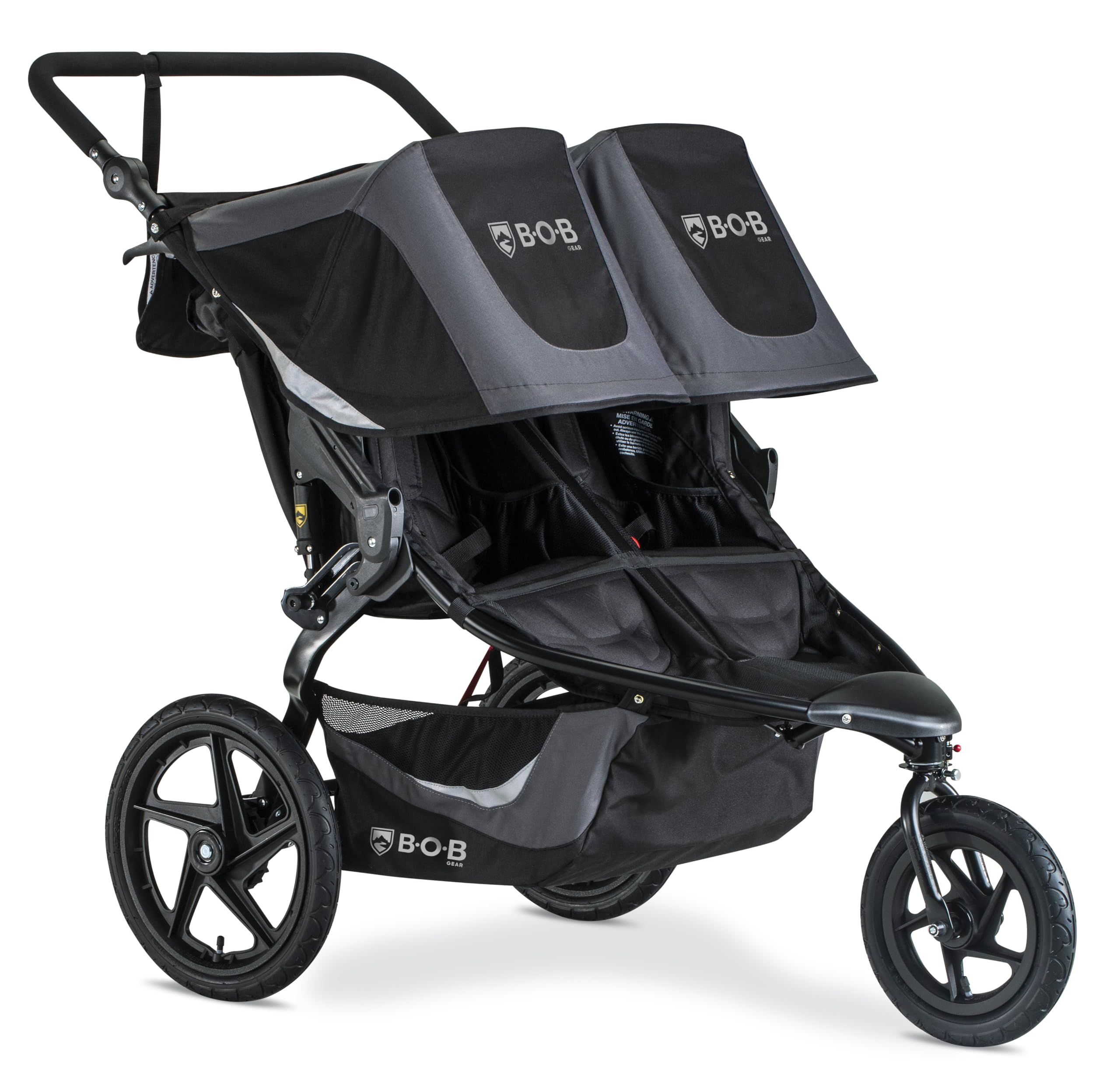 My Store BOB Gear Revolution Flex 3.0 Duallie jogging stroller in graphite black with adjustable handlebars and large tires.