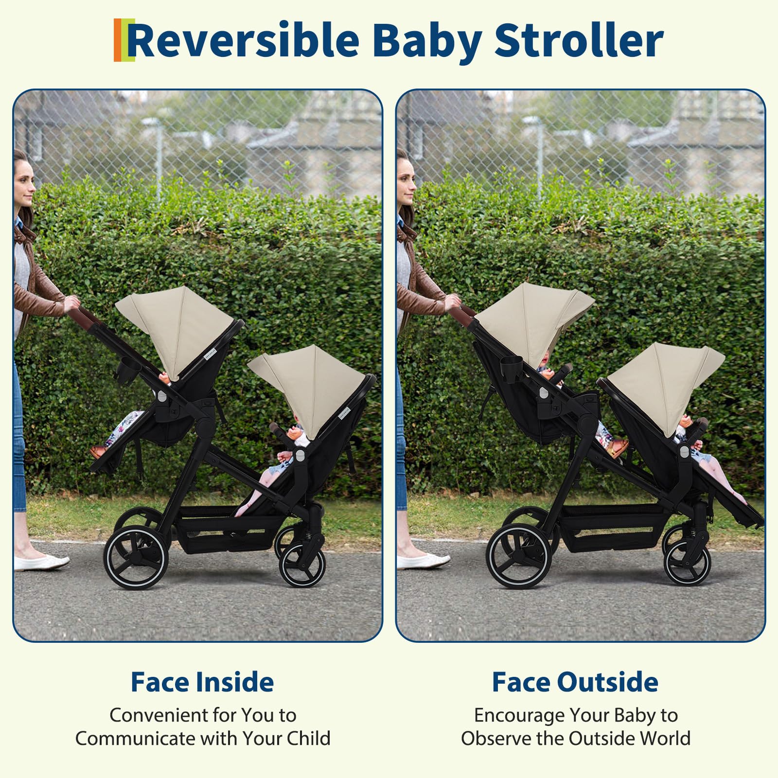 Black tandem stroller with reversible seats, adjustable canopy, large storage basket, and one-hand fold for twins and newborns.