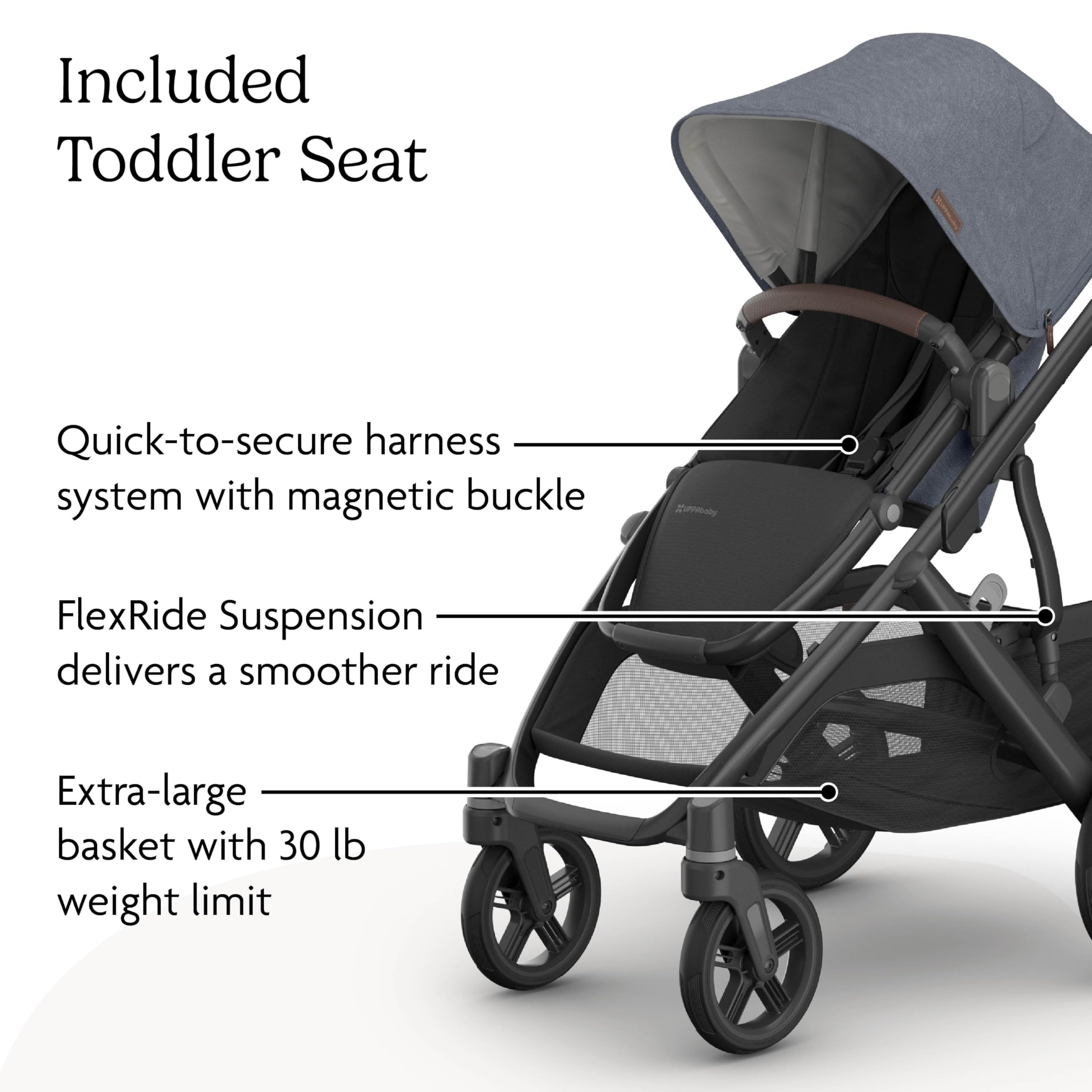 UPPAbaby Vista V3 stroller for baby and toddler, charcoal frame, all-wheel suspension, XL basket, versatile single-to-double design.