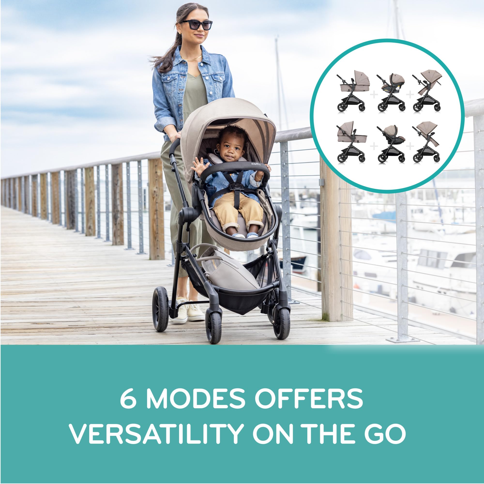 Evenflo Pivot Modular Travel System with LiteMax Preemie and Infant Car Seat in Casual Gray, featuring stroller and car seat components.
