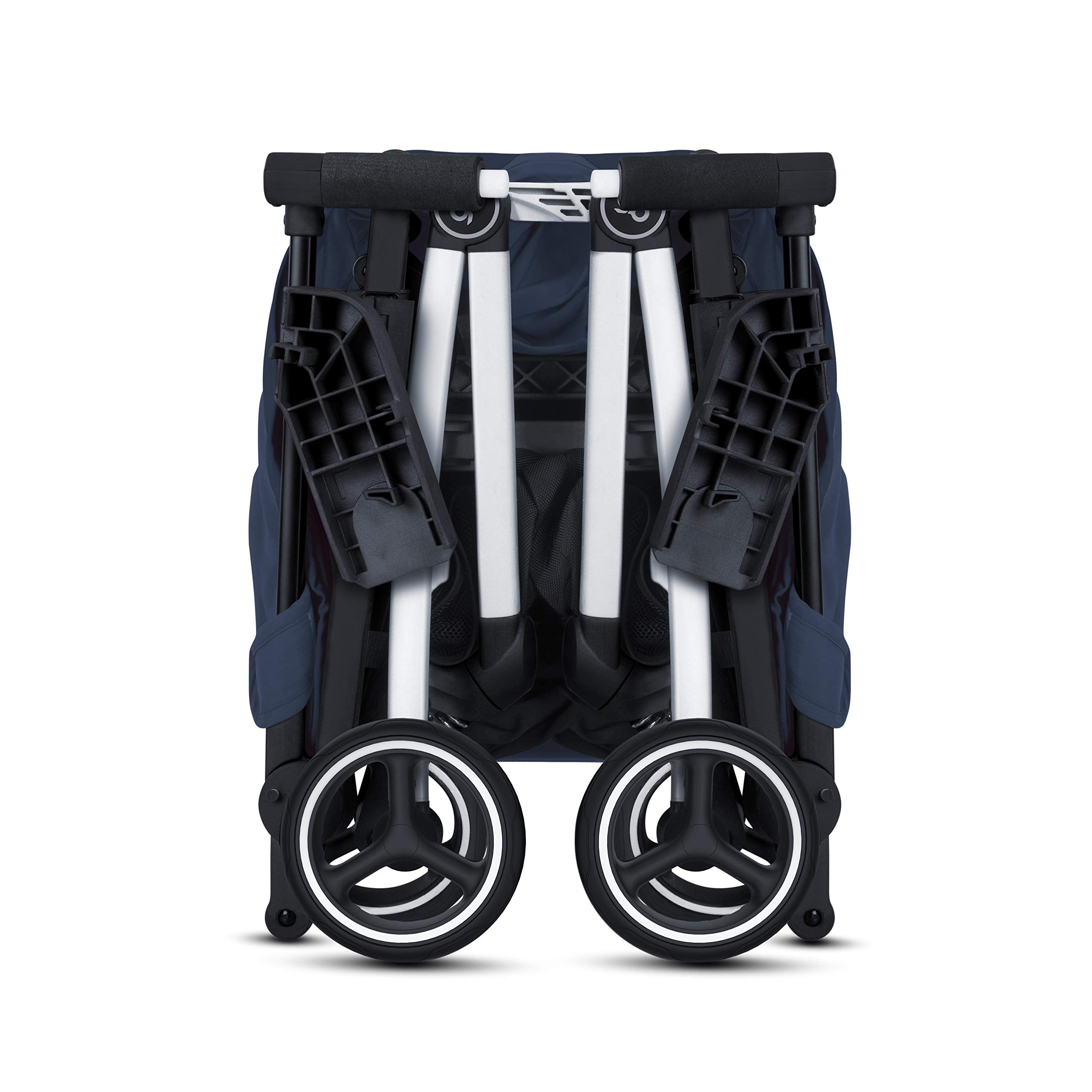 My Store gb Pockit+ All-Terrain lightweight travel stroller with canopy and reclining seat in velvet black, shown folded and open