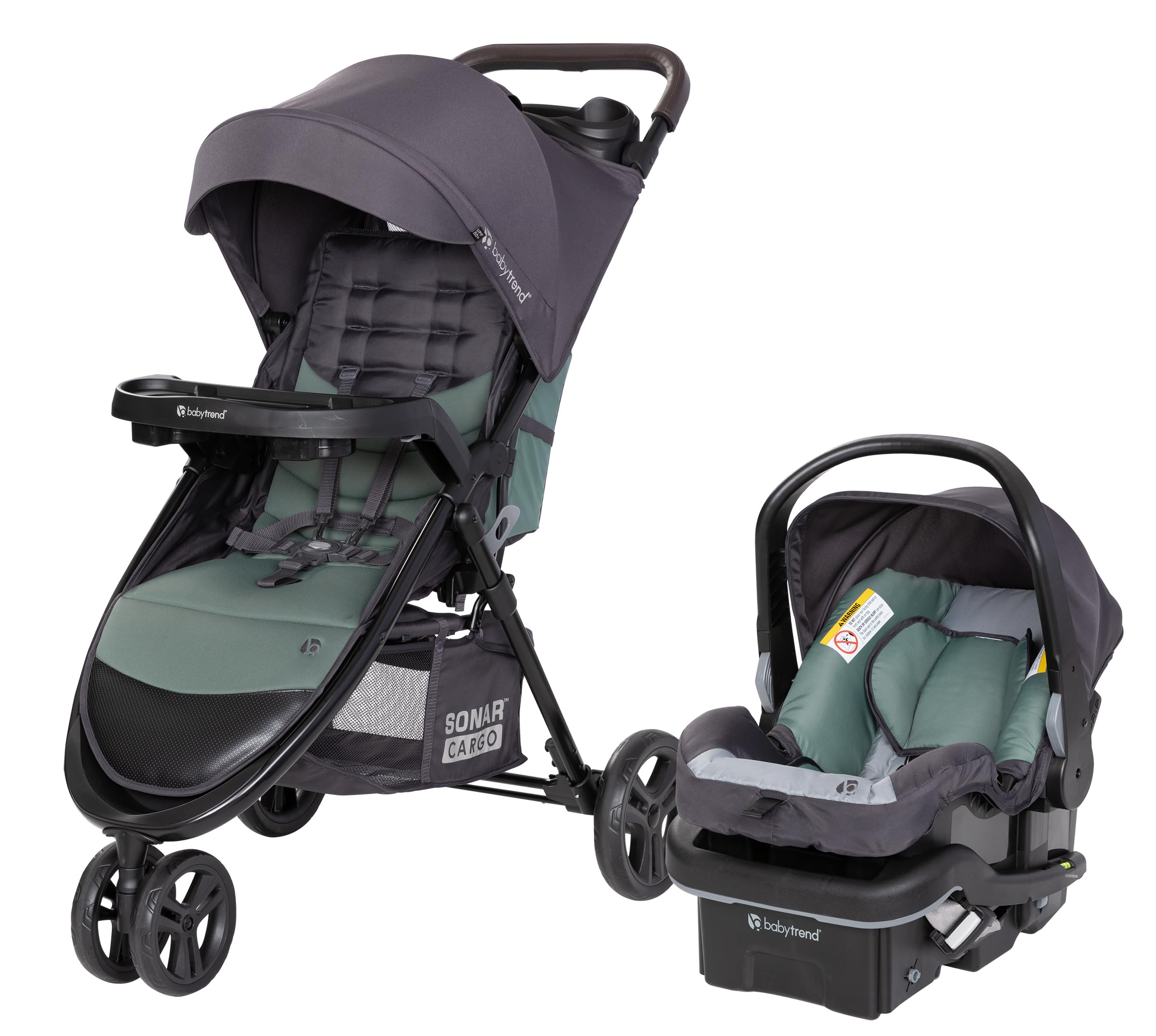 Baby Trend Passport cargo stroller with pink bamboo design and EZ-Lift Plus infant car seat, featuring a comfortable travel system.