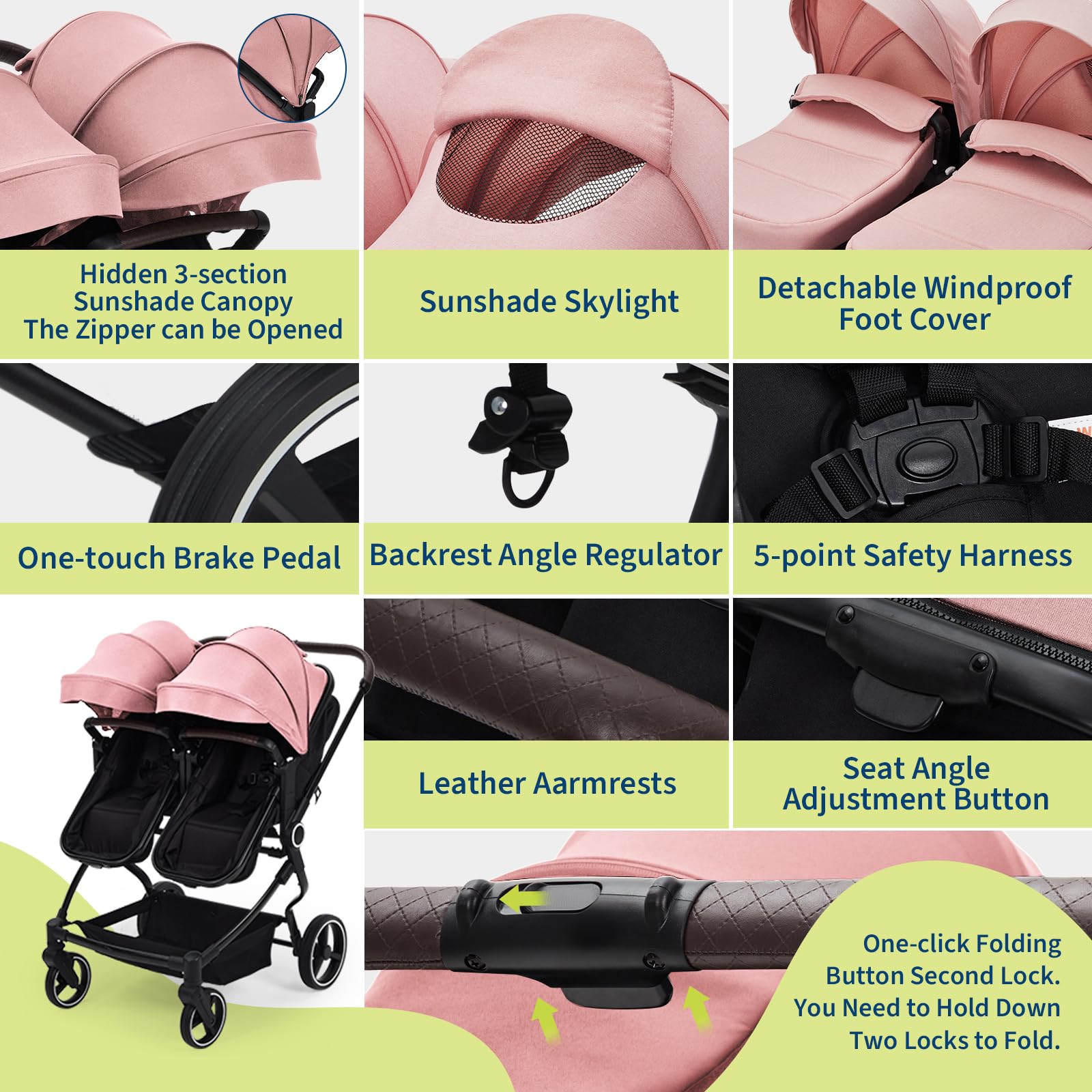 Pink double stroller for newborn and toddler with adjustable recline, canopy, parent cup holders, lightweight fold, suitable for twins.