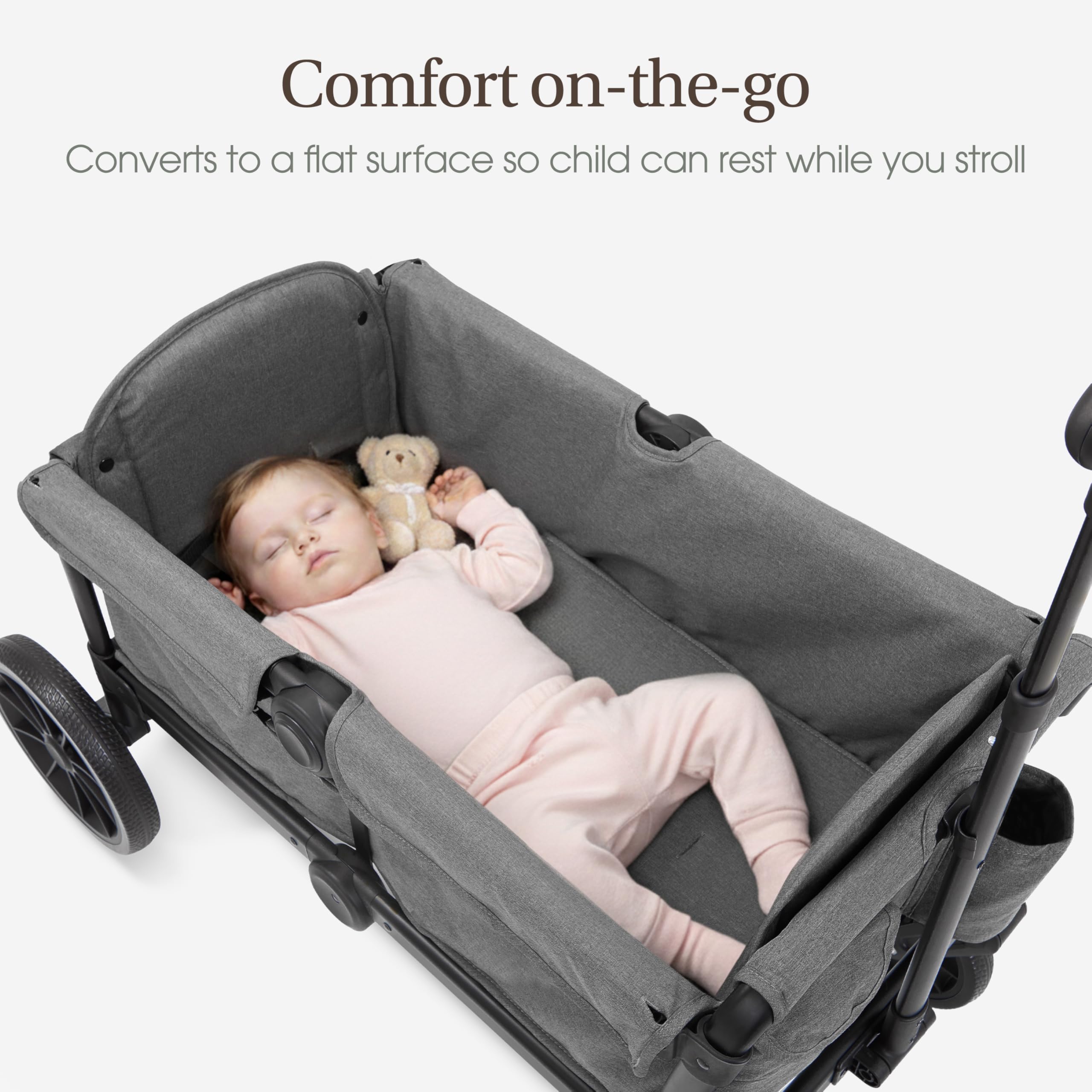 Evolur Trailblazer double stroller in black with all-terrain wheels, foldable design, 5-point harness, removable canopy, and spacious storage.