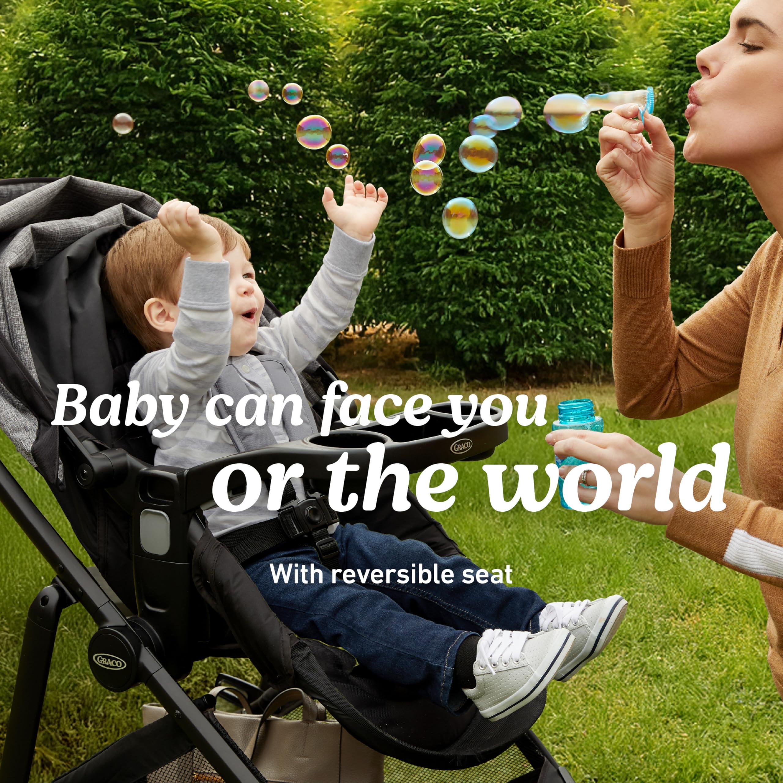 Gray Graco Modes Element travel system stroller with car seat and adjustable canopy, suitable for infants and toddlers.