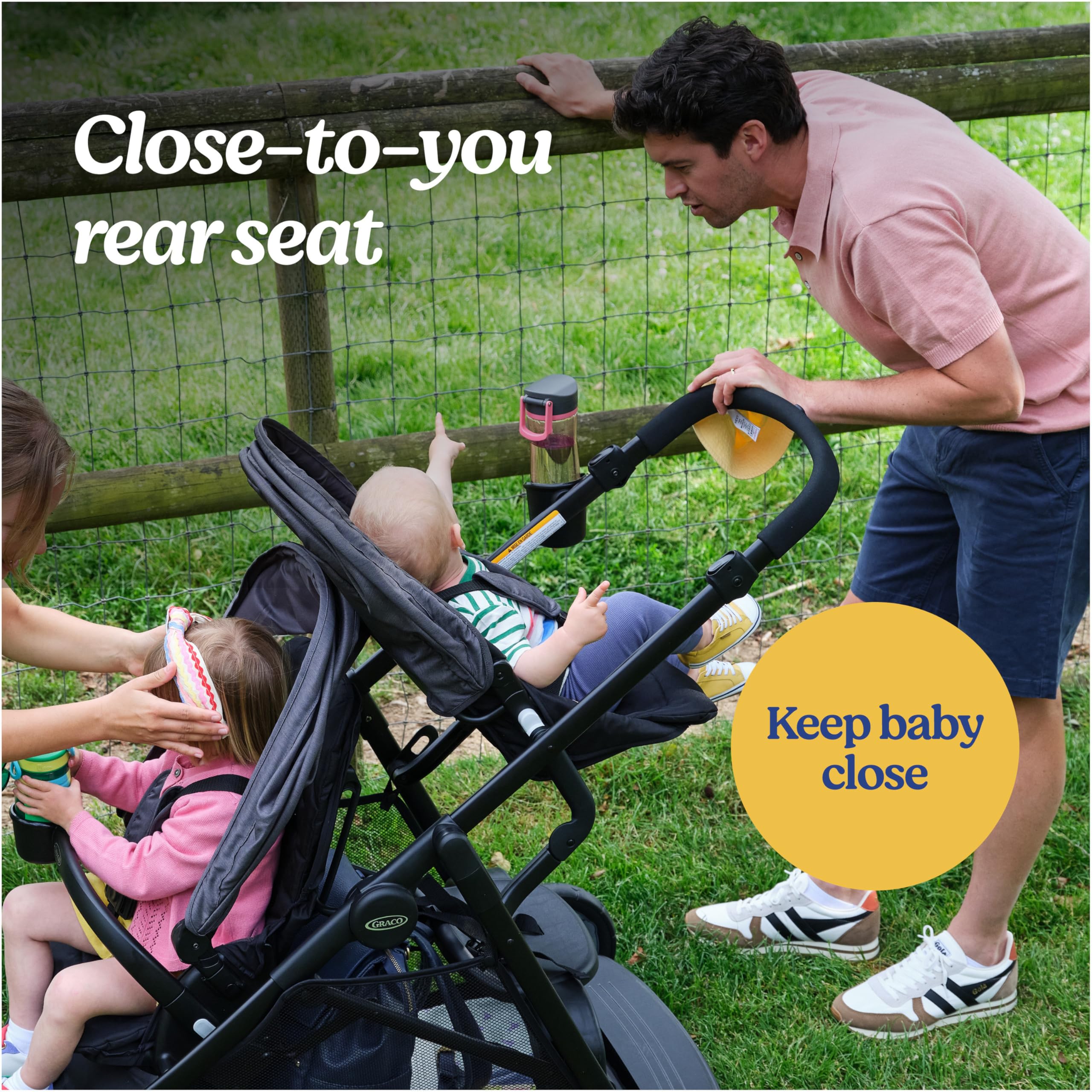 Graco Ready2Grow 2.0 double stroller with bench seat and standing platform, featuring sleek design and adjustable seats.