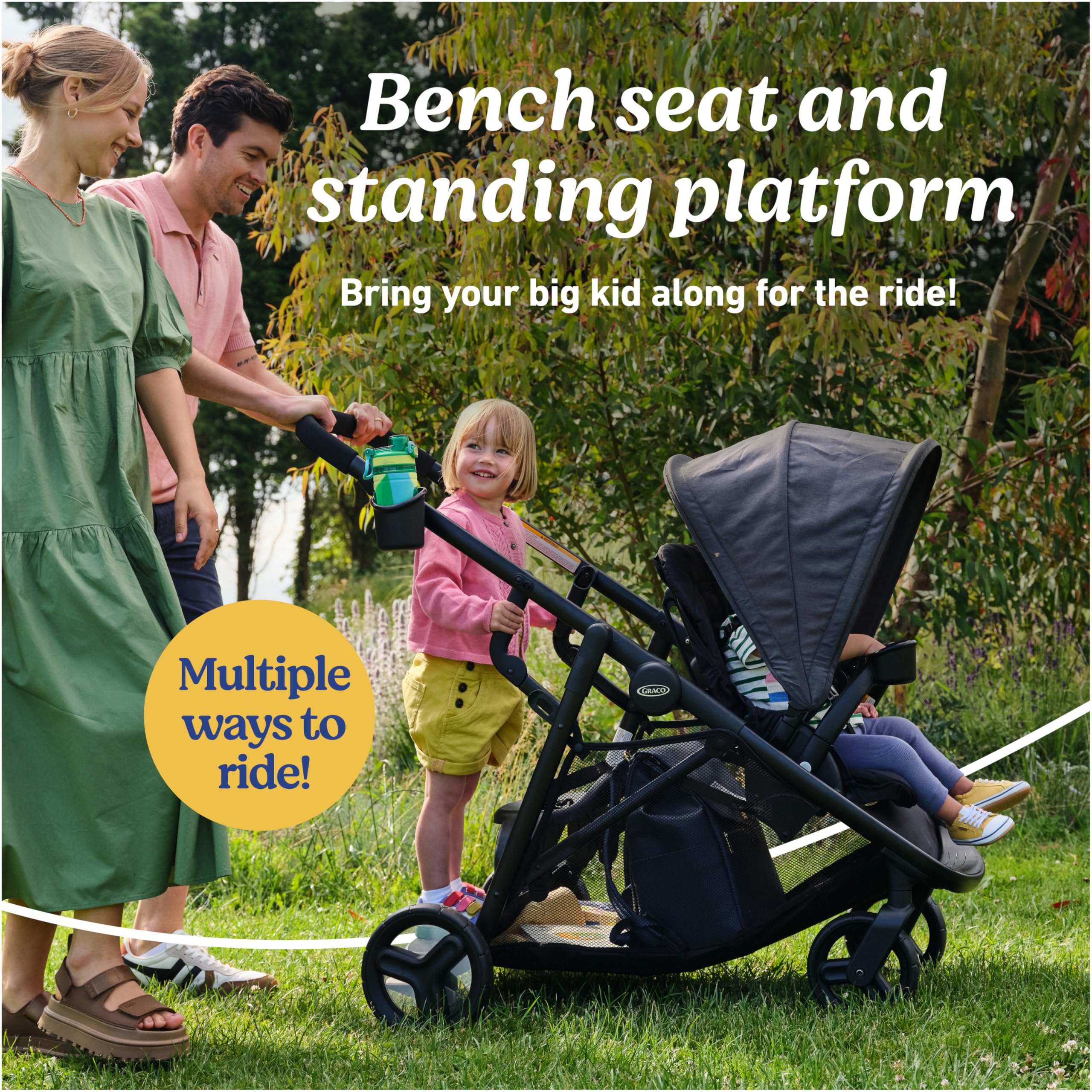 Graco Ready2Grow 2.0 double stroller with bench seat and standing platform, featuring Rafa design, shown with children seated.