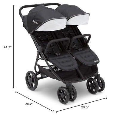 Jeep Destination Ultralight Side-by-Side Double Stroller in Midnight with two seats and adjustable canopy for toddlers.