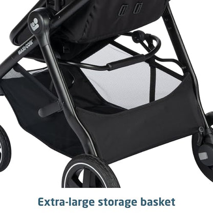 Maxi-Cosi Zelia Luxe 5-in-1 modular travel system with stroller, car seat, and accessories for versatile baby travel.