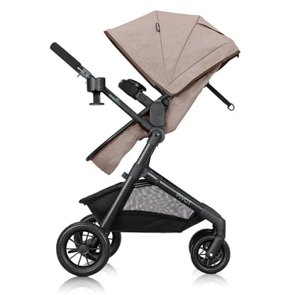 Evenflo Pivot Modular Travel System with LiteMax Preemie and Infant Car Seat in casual gray, showing the car seat and stroller components