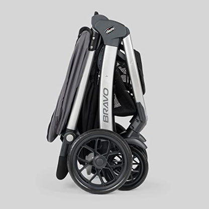 Chicco Bravo 3-in-1 travel system with quick-fold stroller, KeyFit 30 infant car seat and base in Camden/Black, showing car seat and stroller setup.