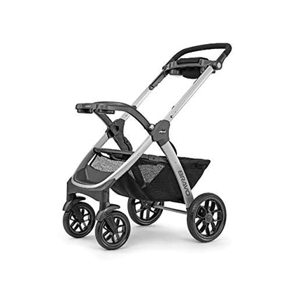 Chicco Bravo 3-in-1 travel system with quick-fold stroller, KeyFit 30 infant car seat, and base on a Camden/Black background.