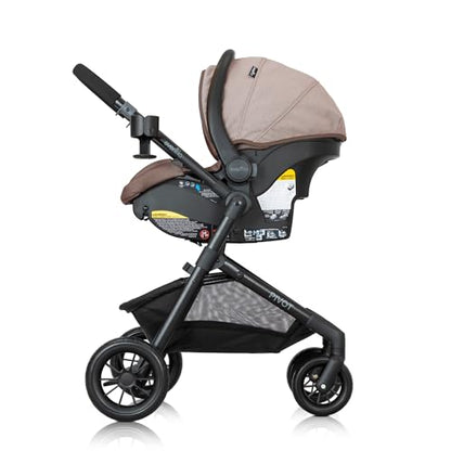 Evenflo Pivot Modular Travel System with LiteMax Preemie and Infant Car Seat in casual gray, featuring stroller and car seat components.