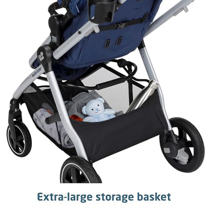 Maxi-Cosi Zelia Luxe 5-in-1 modular travel system with stroller and car seat, featuring a black frame and fabric, ready for travel.