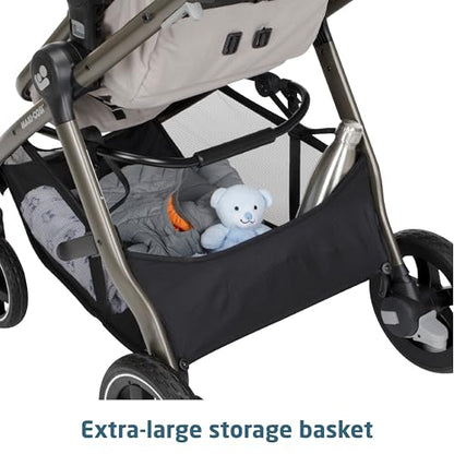 Maxi-Cosi Zelia Luxe 5-in-1 modular travel system with stroller and car seat, designed for versatile family outings.