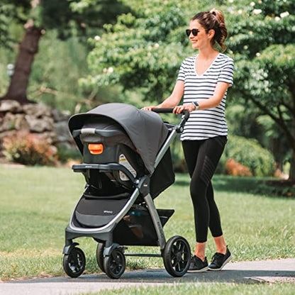 Chicco Bravo 3-in-1 travel system with quick-fold stroller, KeyFit 30 infant car seat, and base in Camden/Black color.