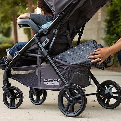 Baby Trend Passport cargo stroller with pink bamboo design and EZ-Lift Plus infant car seat, suitable for travel and everyday use.