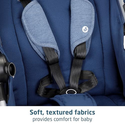 Maxi-Cosi Zelia Luxe 5-in-1 modular travel system with stroller and car seat in navy blue fabric, ready for travel.