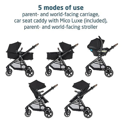 Maxi-Cosi Zelia Luxe 5-in-1 modular travel system with stroller and car seat, designed for versatile baby travel and convenience.